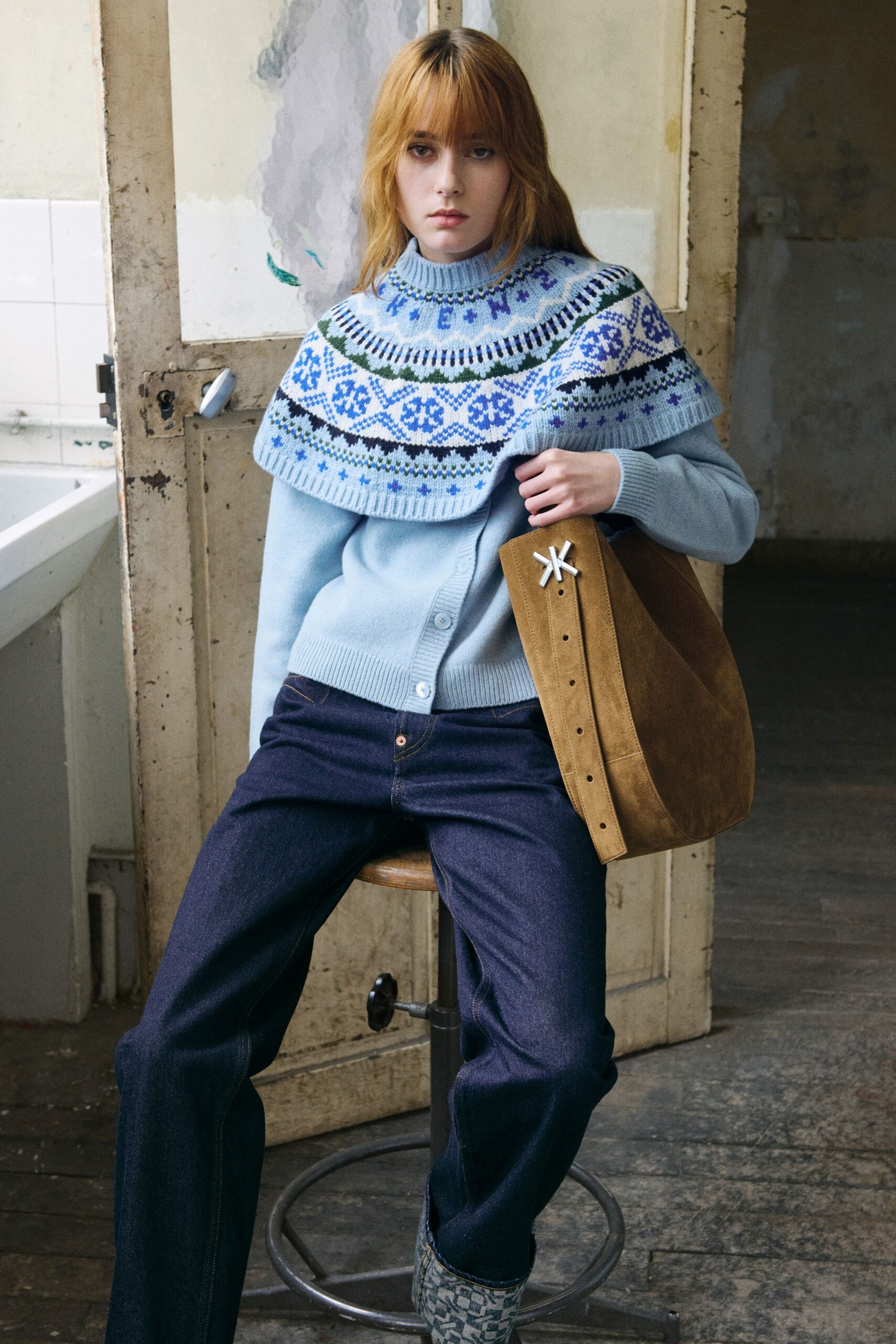 blue wool long-sleeve high-neck fitted embroidered sweater