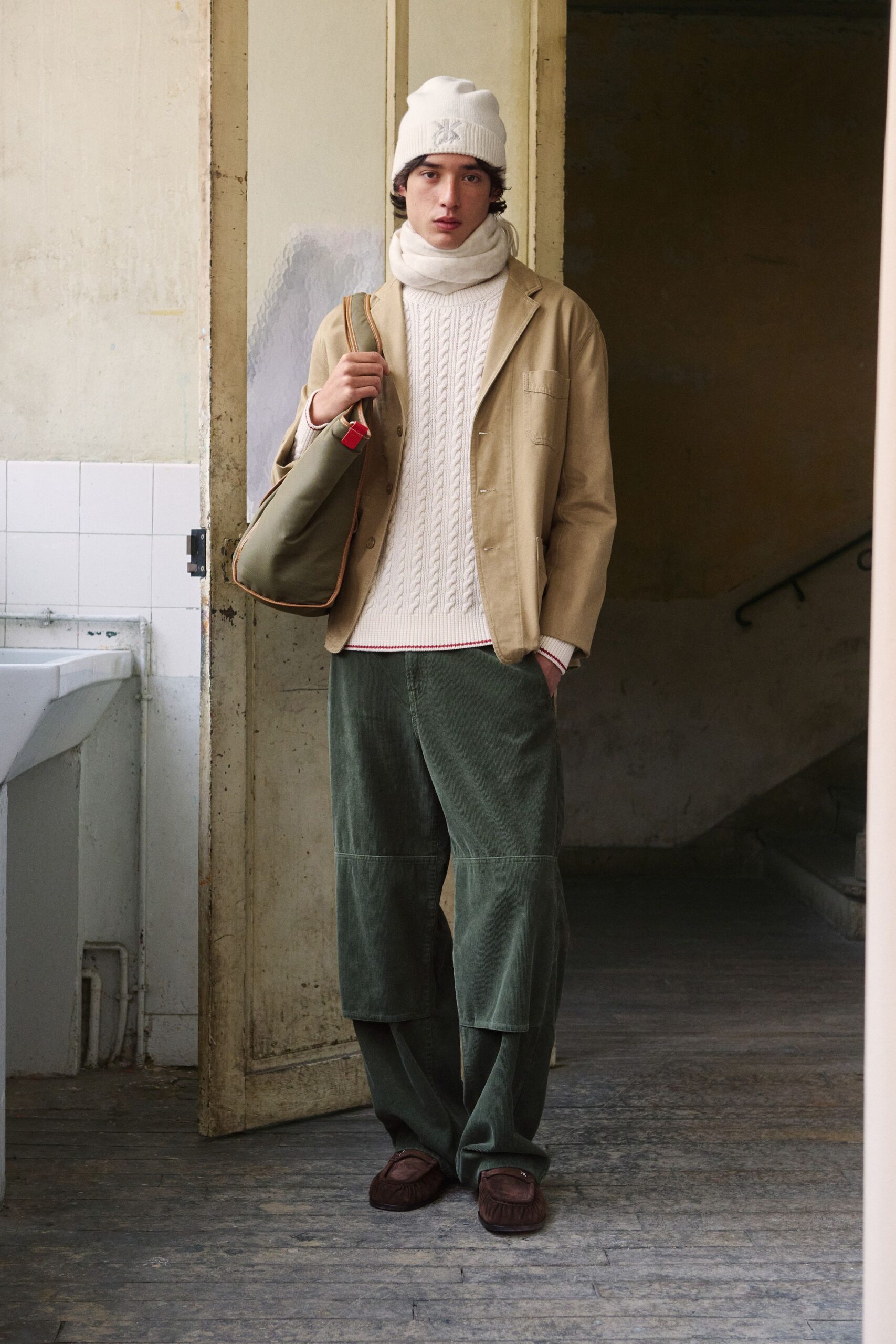 green cotton relaxed wide-leg pants