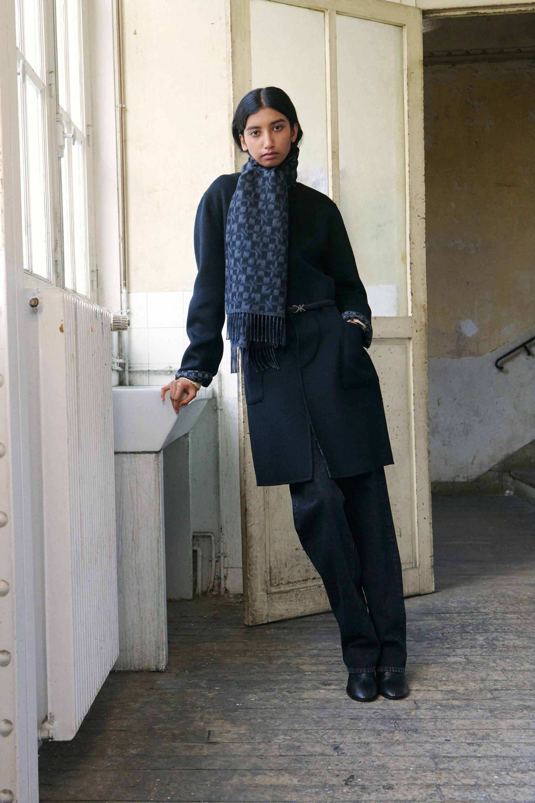 black wool tailored straight-leg pants