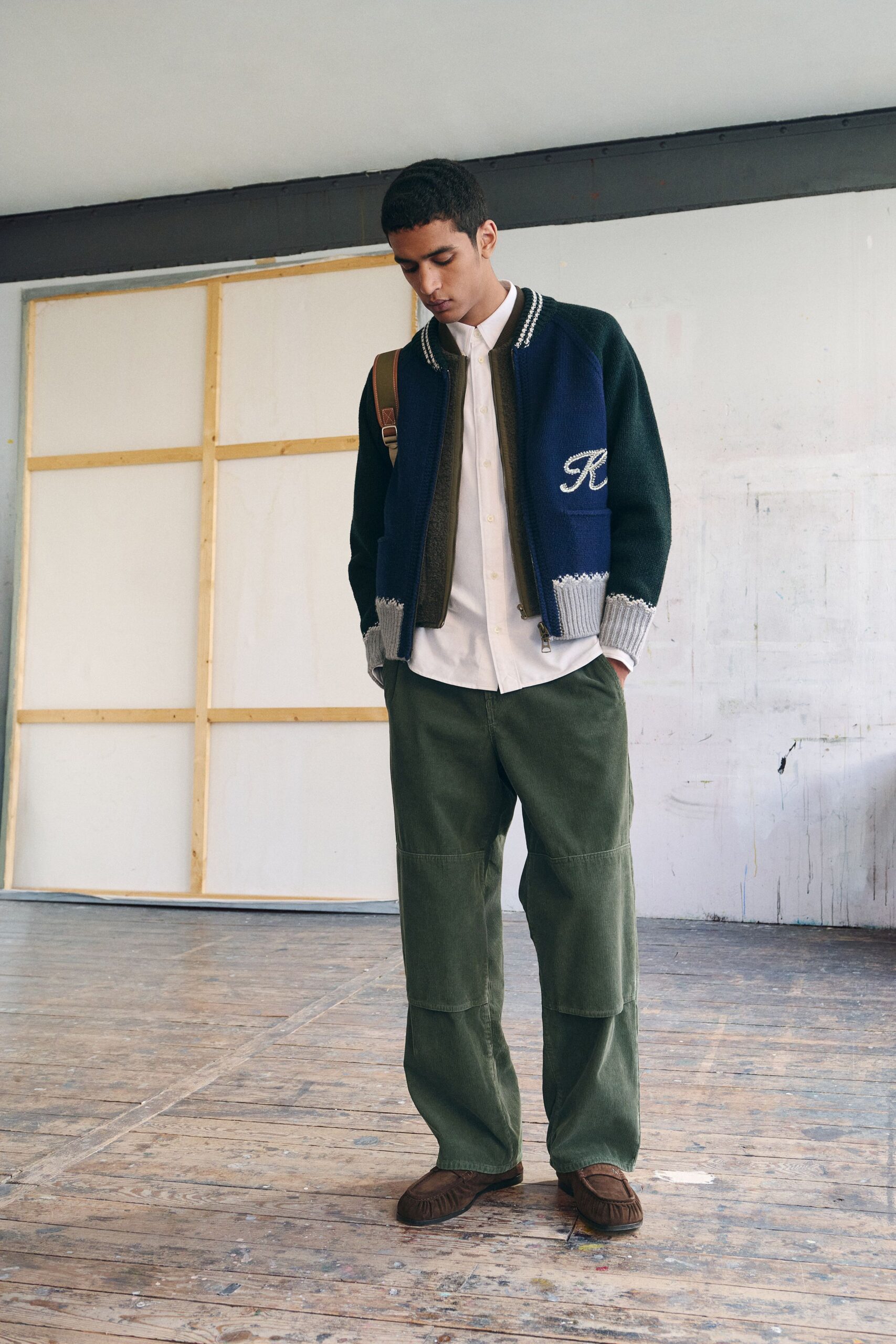 blue wool long-sleeve collared relaxed buttoned jacket