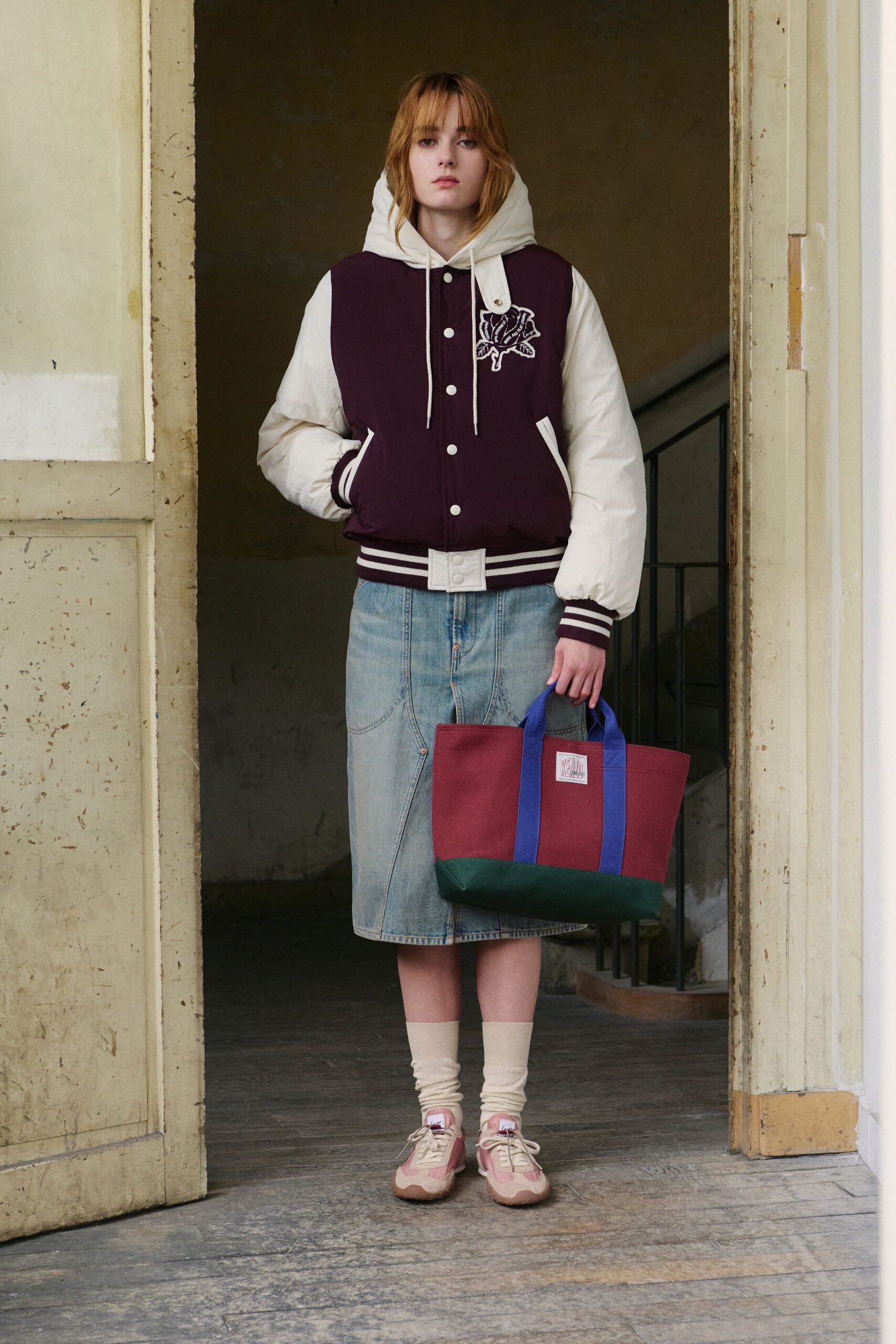 red cotton long-sleeve hooded relaxed embroidered jacket