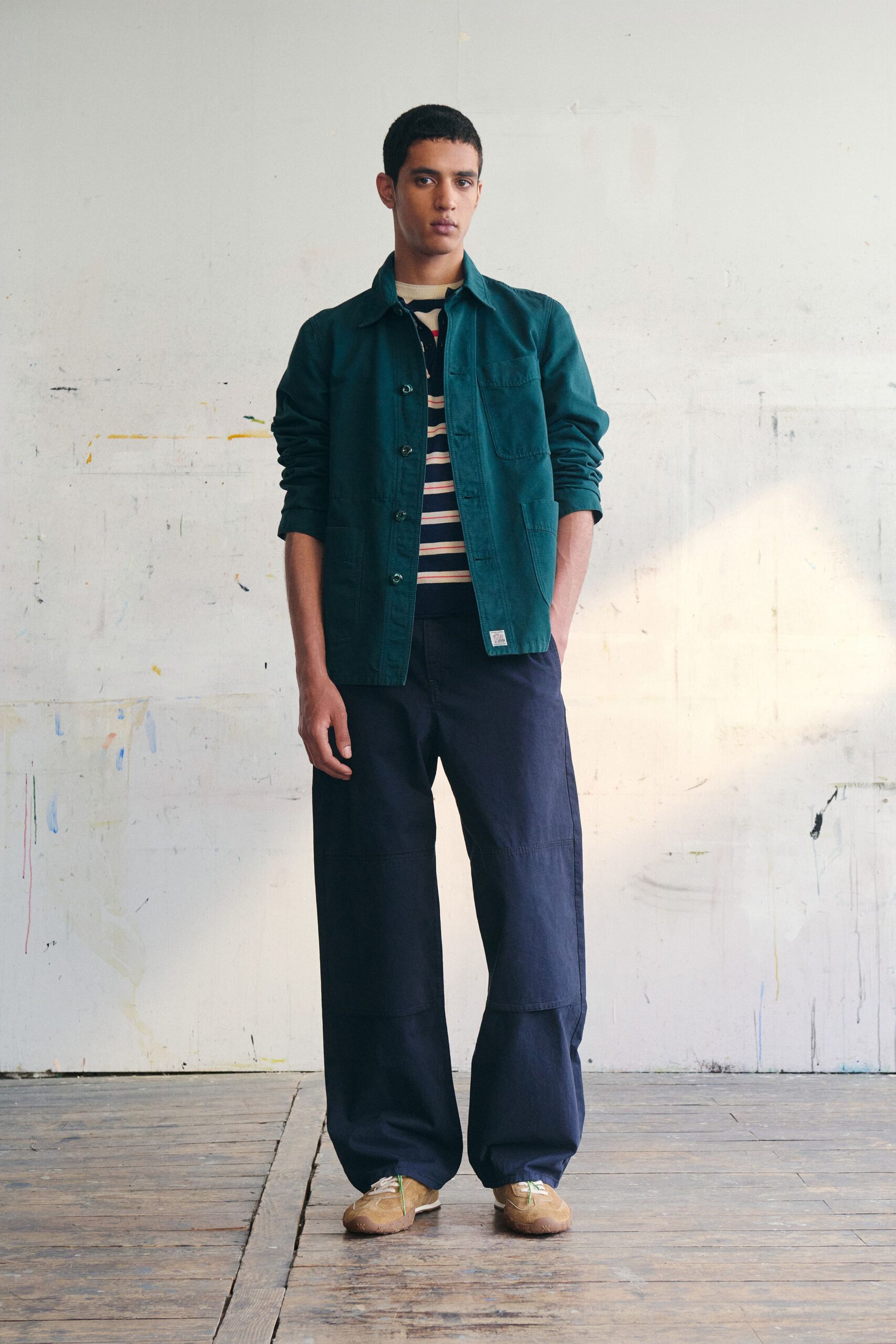 green cotton long-sleeve collared relaxed jacket