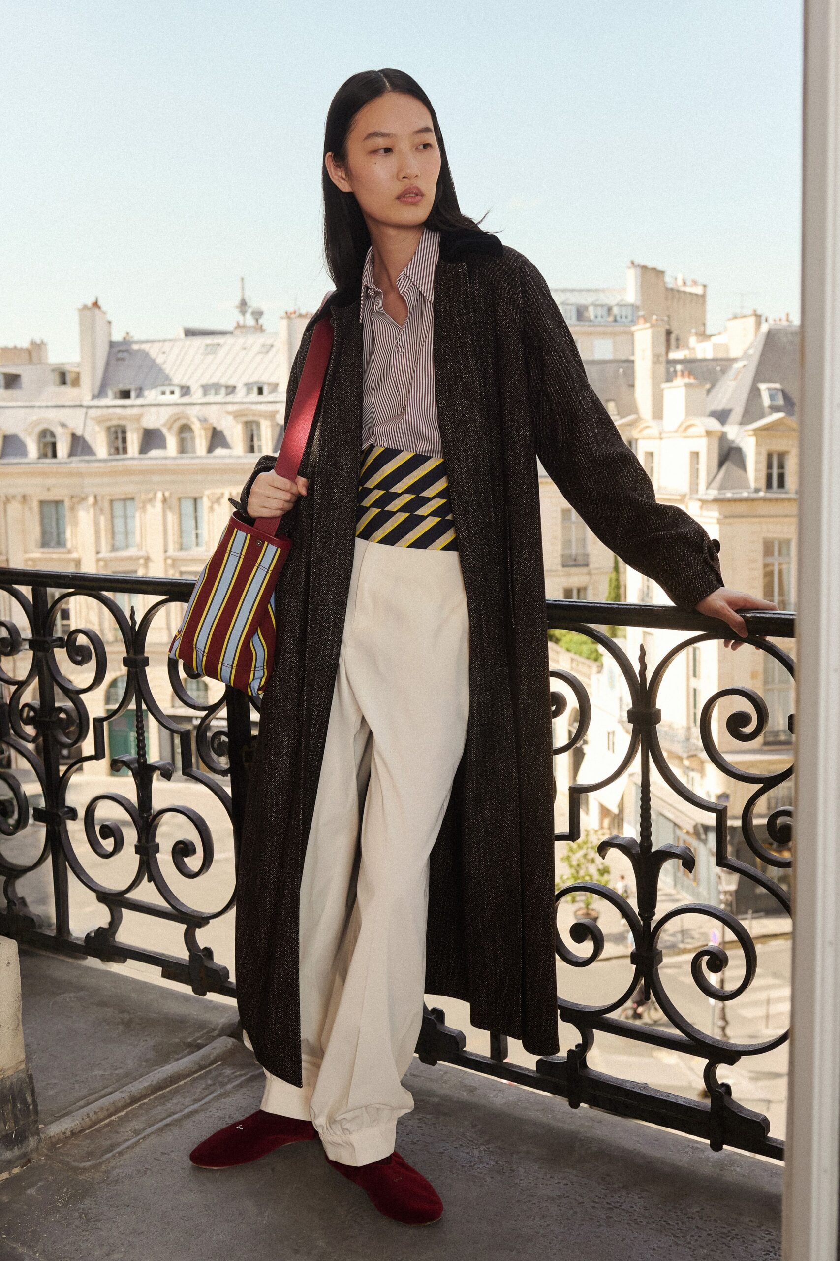 black silk long-sleeve collared relaxed layered maxi coat