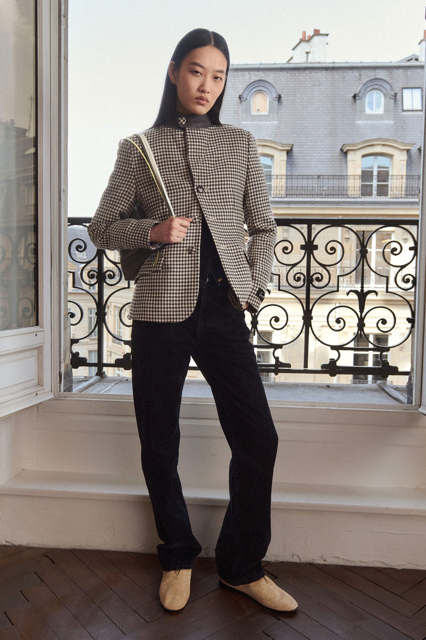 checked blazer with black top