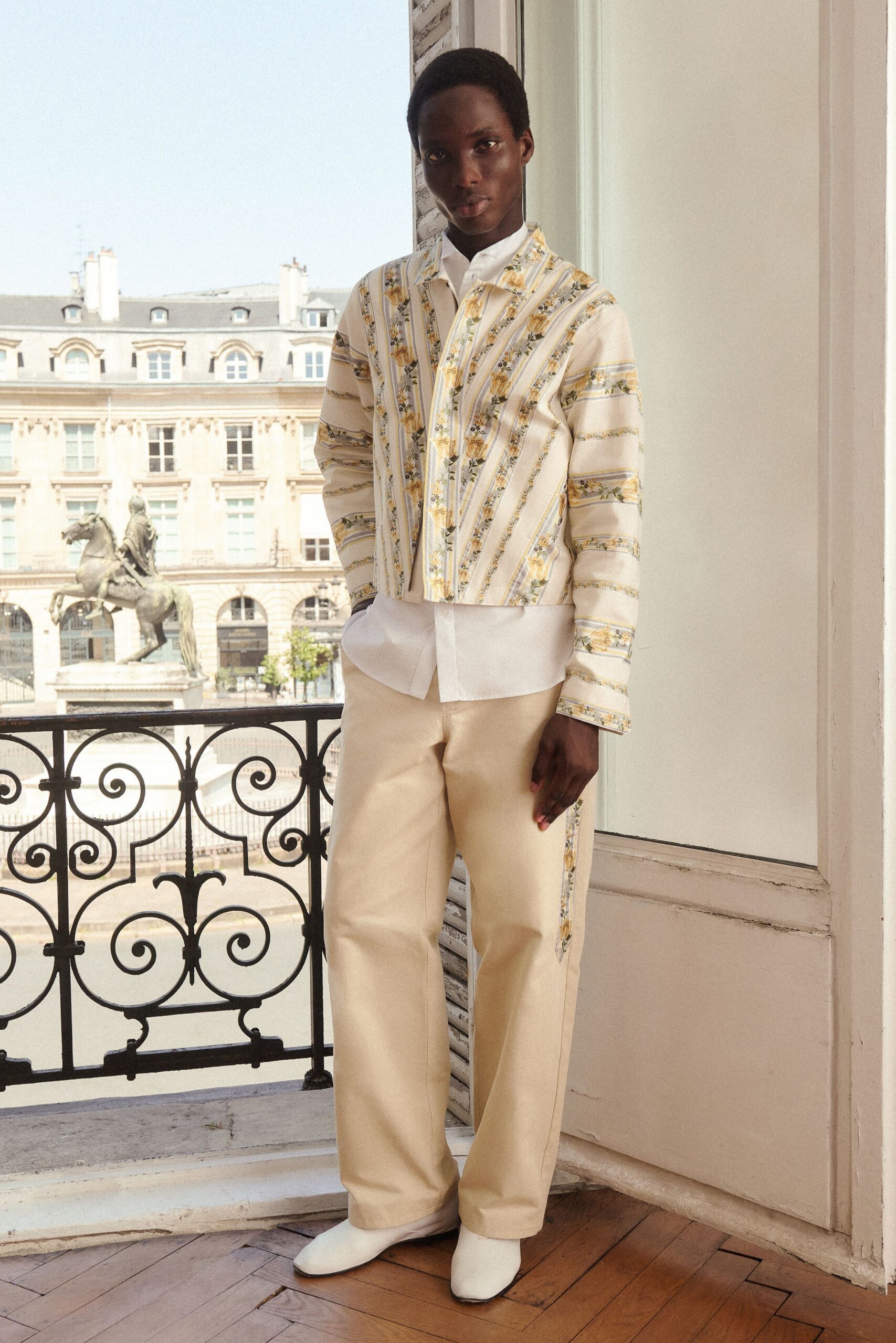 white striped shirt beige pants