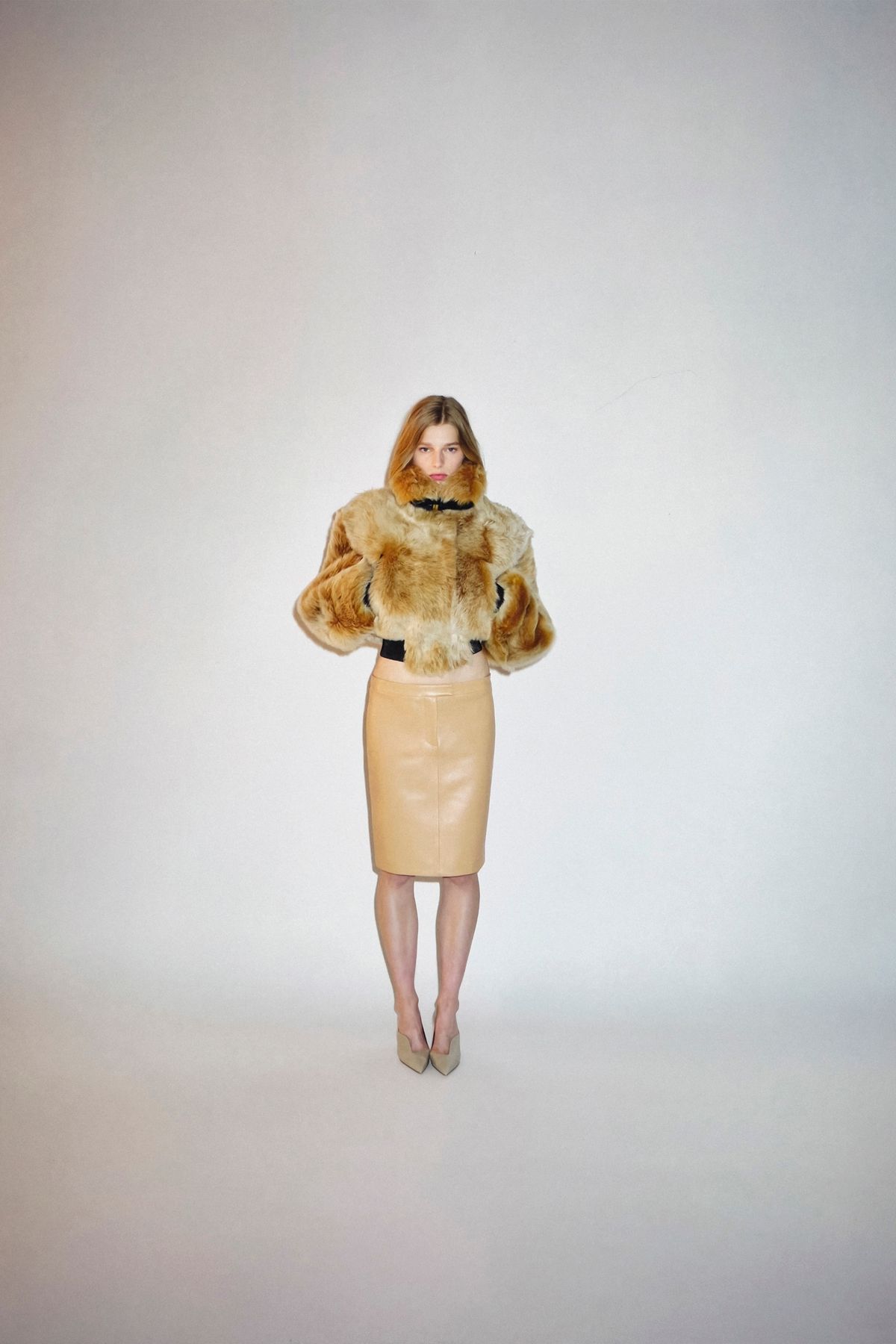 brown fur coat beige pencil skirt