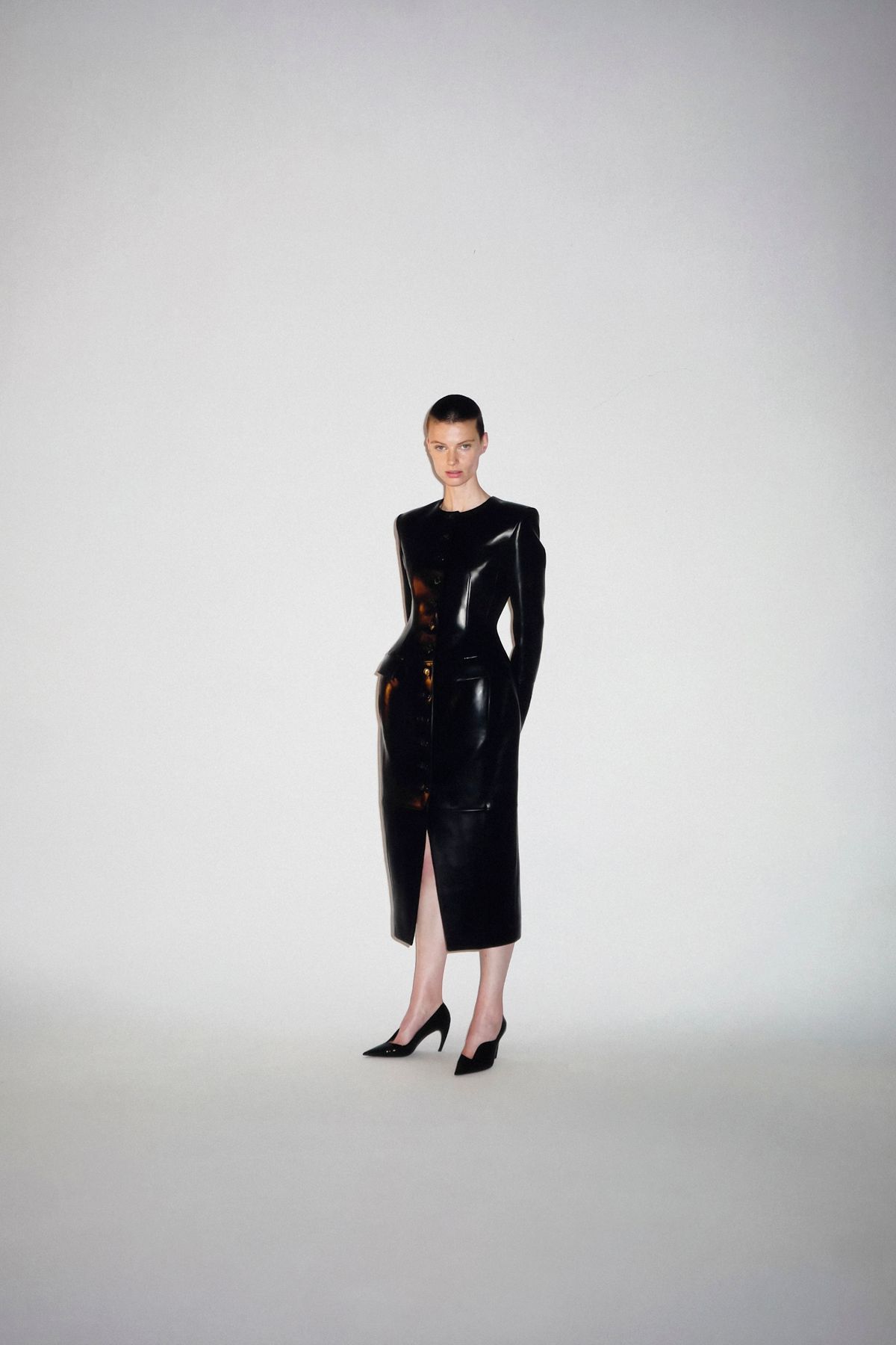 black leather long-sleeve v-neck fitted buttoned midi dress