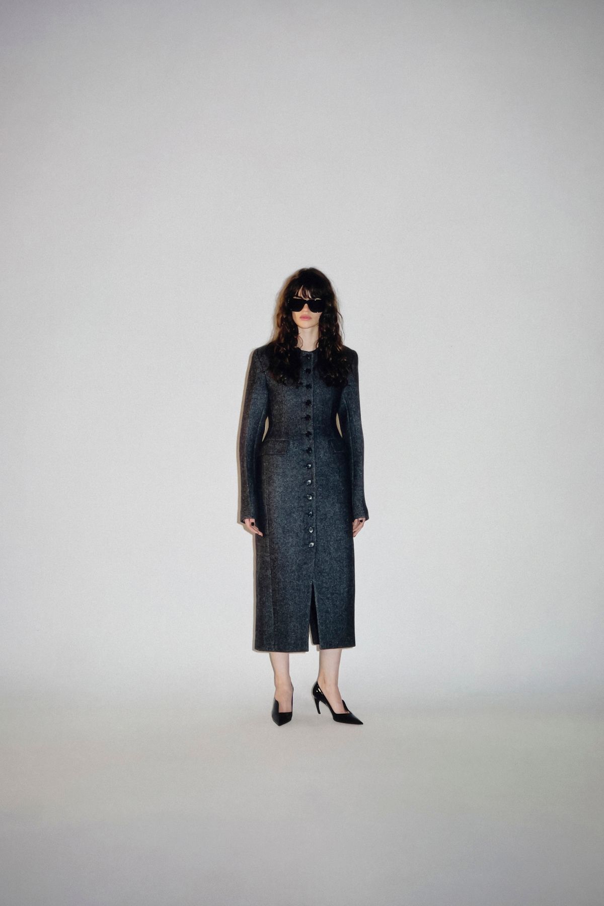 gray wool long-sleeve collared fitted buttoned midi dress