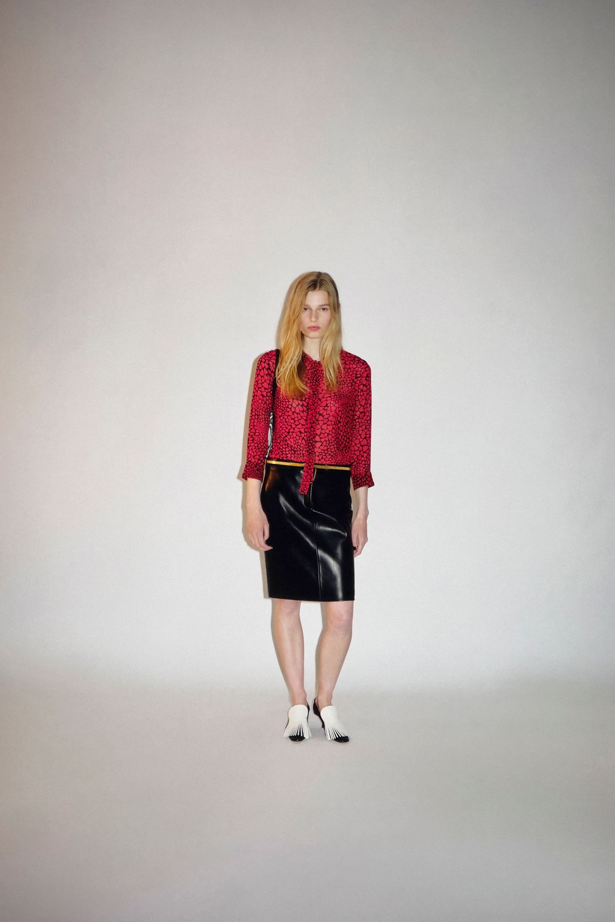 red silk long-sleeve collared fitted printed blouse