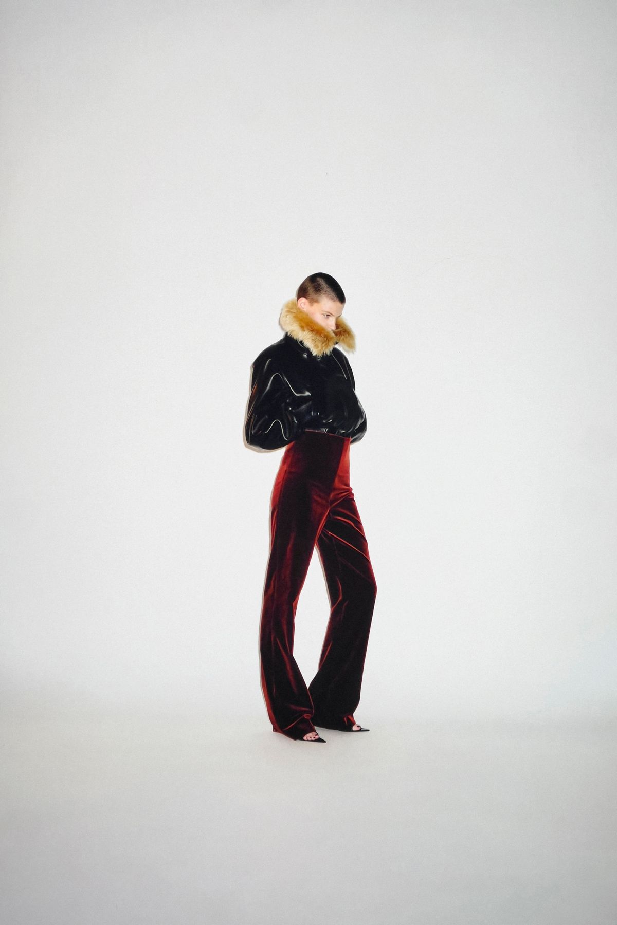 red velvet fitted straight-leg pants