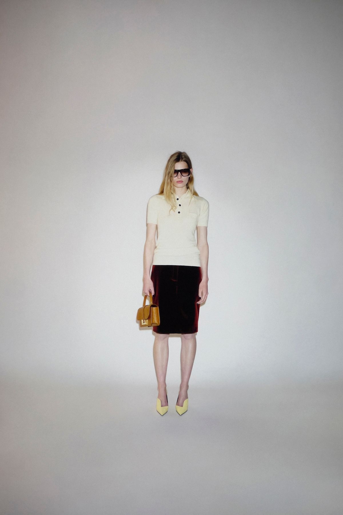white fitted top black pencil skirt