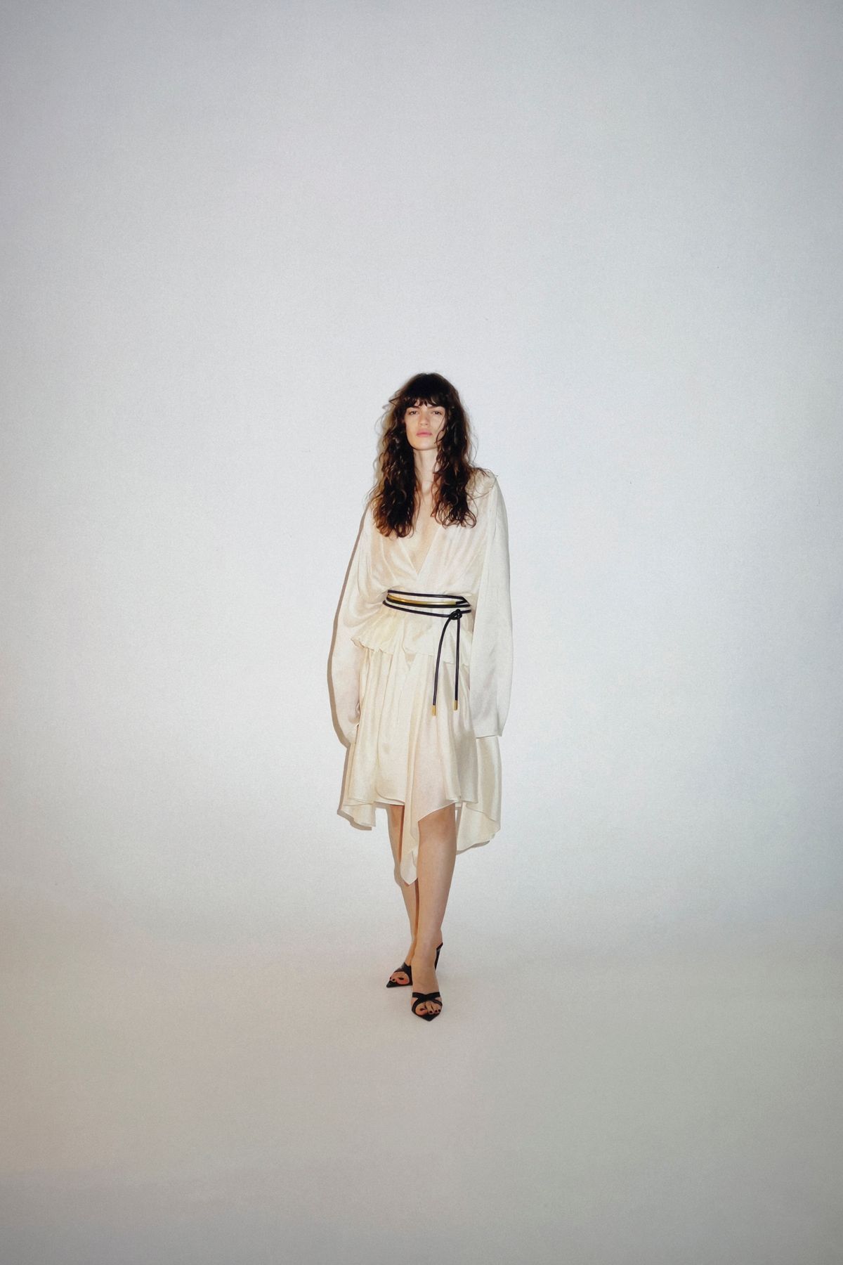 white silk long-sleeve v-neck relaxed draped belted dress