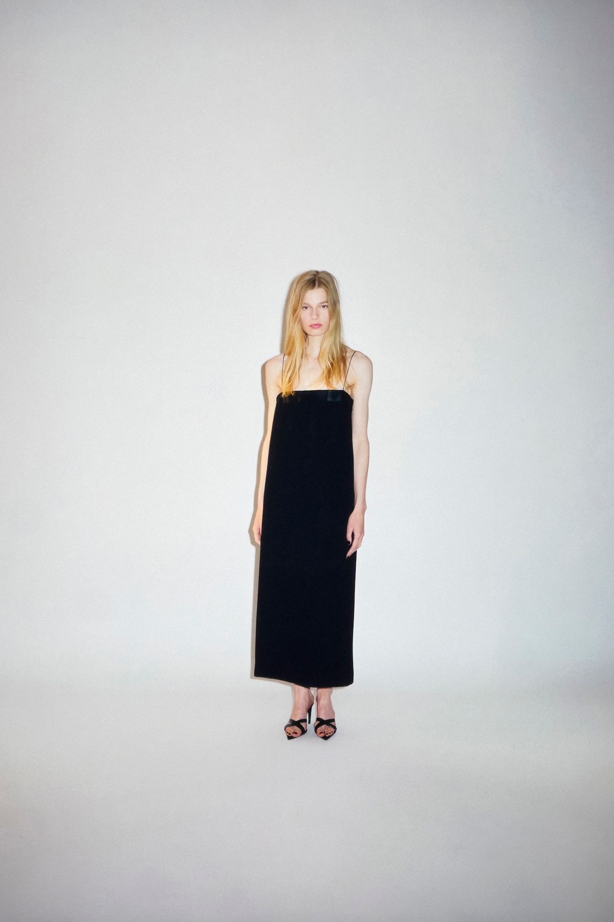 black silk sleeveless square-neck fitted straight-leg maxi dress