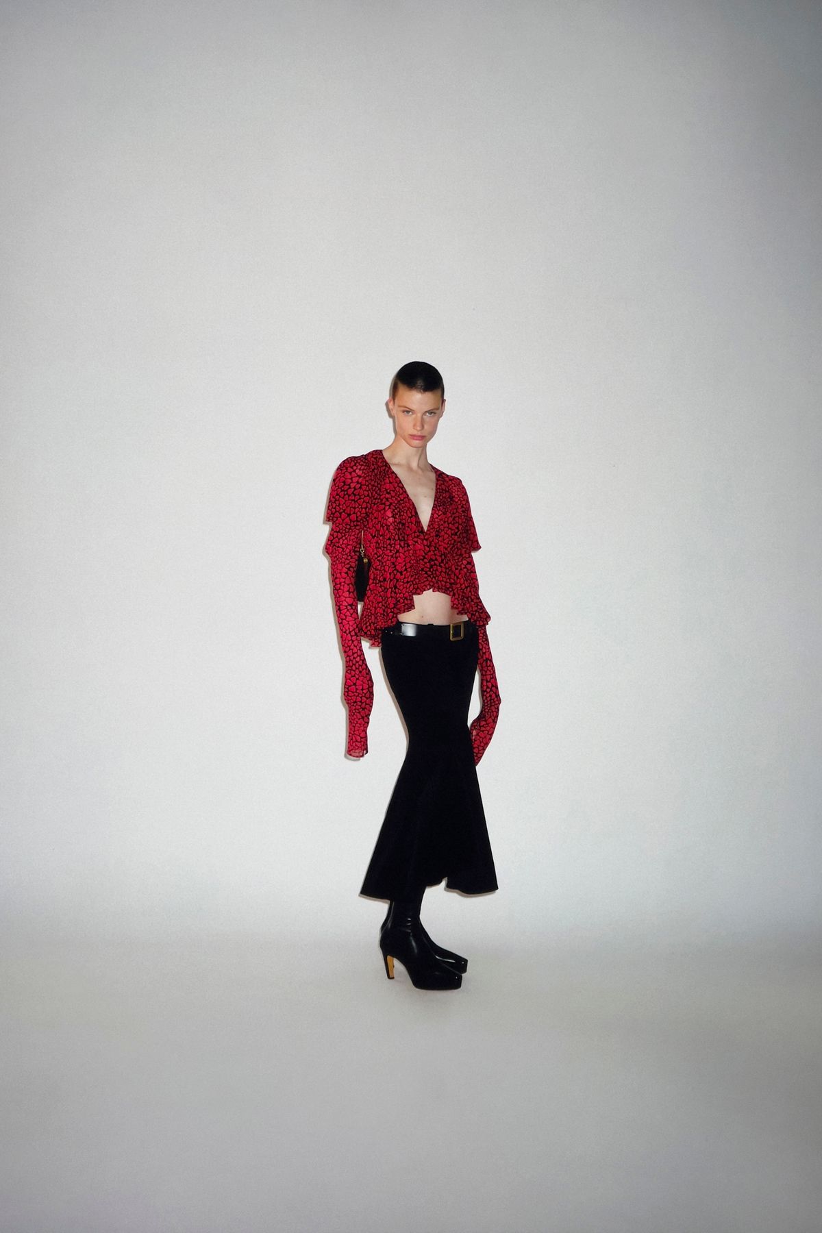 red silk long-sleeve v-neck fitted ruffled printed top