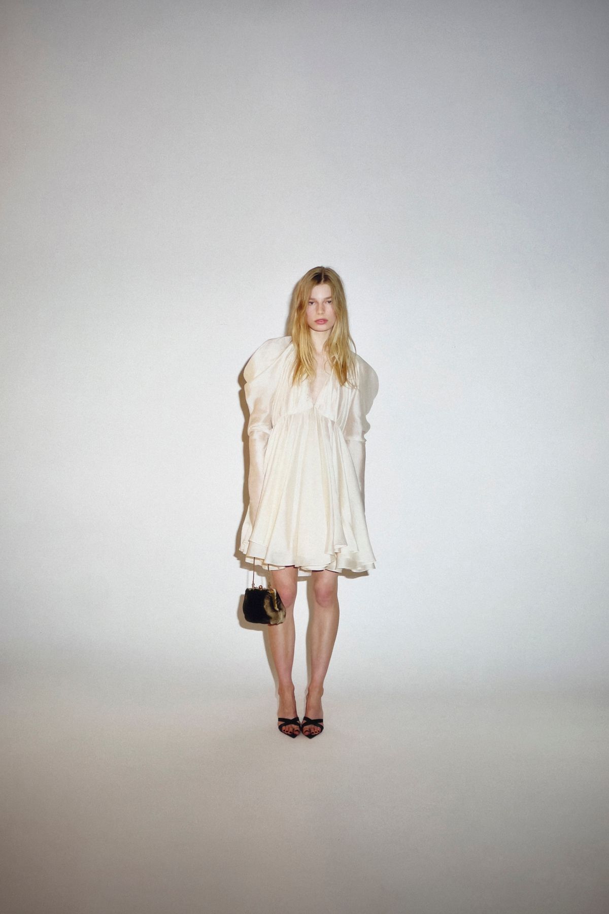 white silk long-sleeve v-neck fitted pleated mini dress