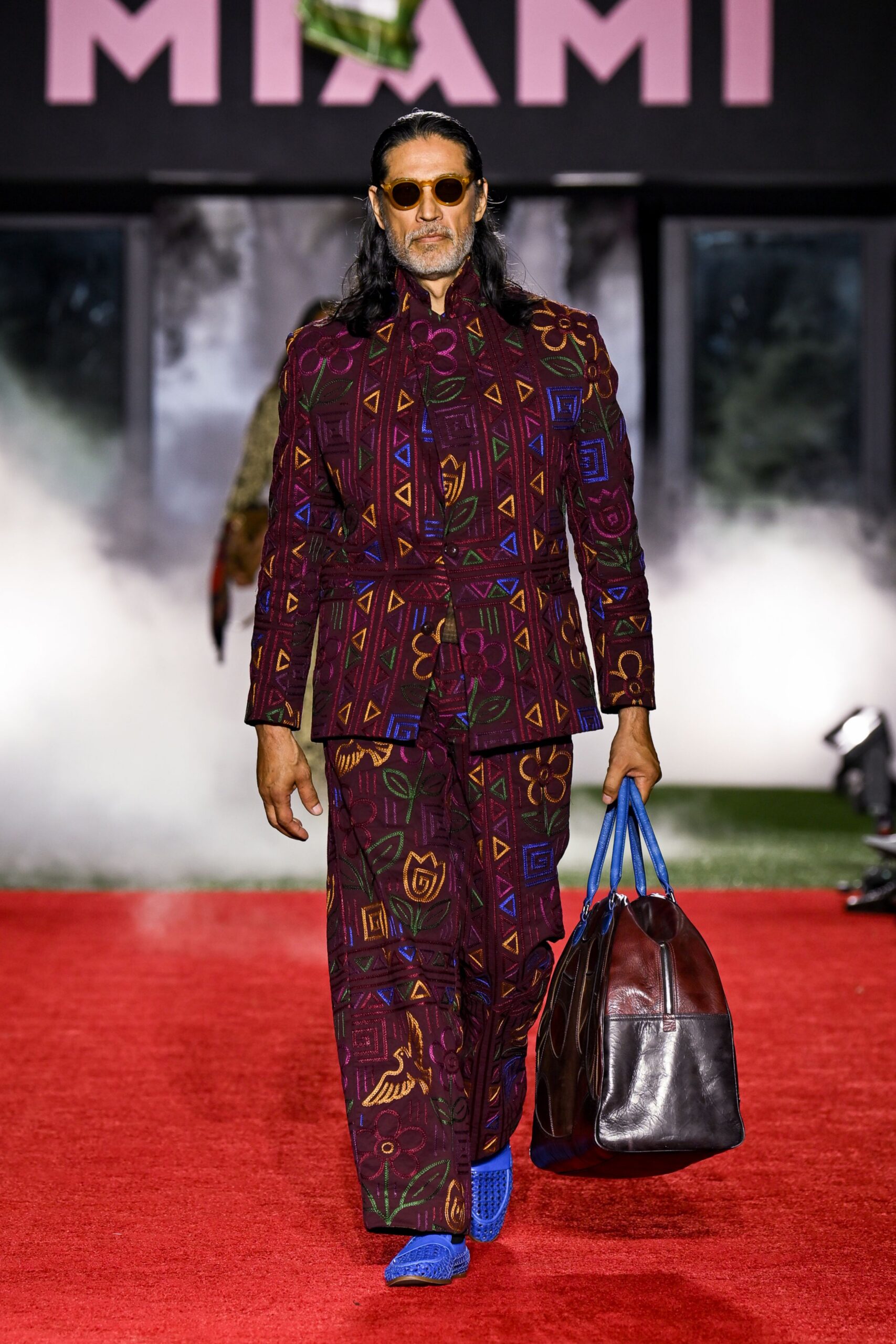 purple cotton long-sleeve collared tailored printed suit