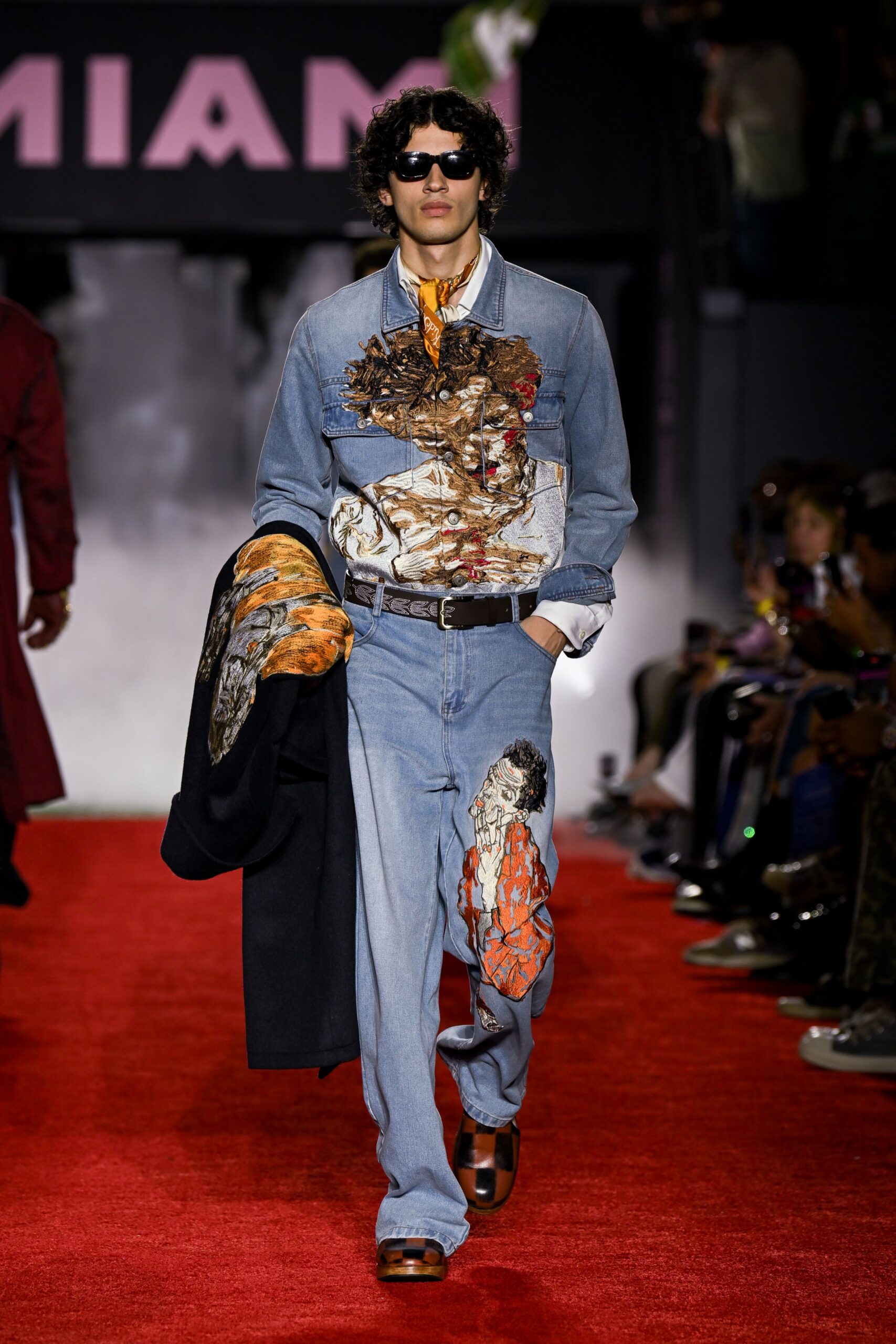 blue denim long-sleeve collared relaxed printed jacket