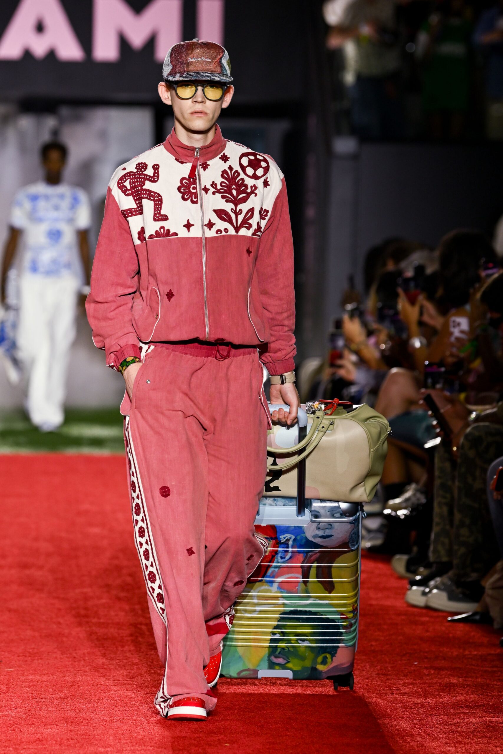 red embroidered jacket and pants