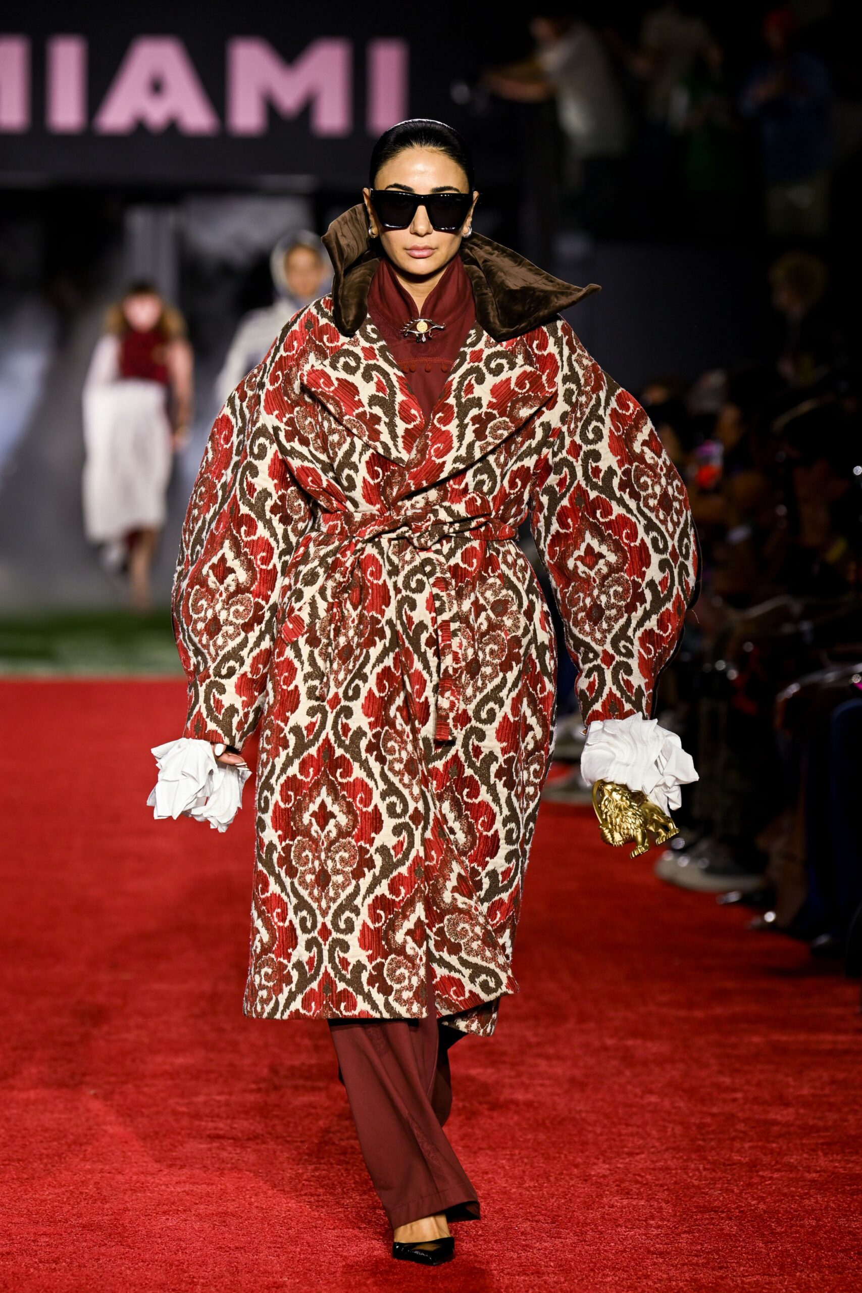 red silk long-sleeve collared relaxed embroidered belted coat
