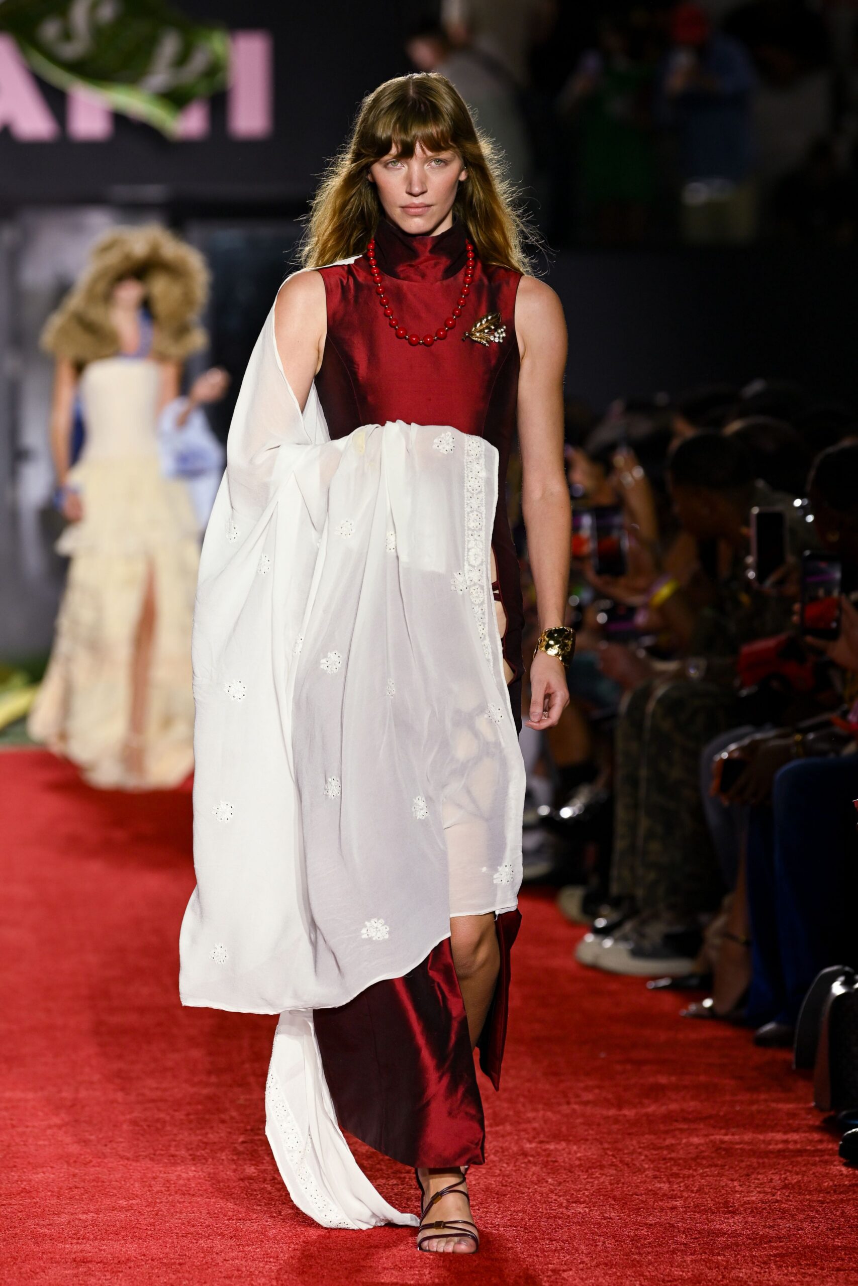 red silk sleeveless high-neck fitted draped midi dress