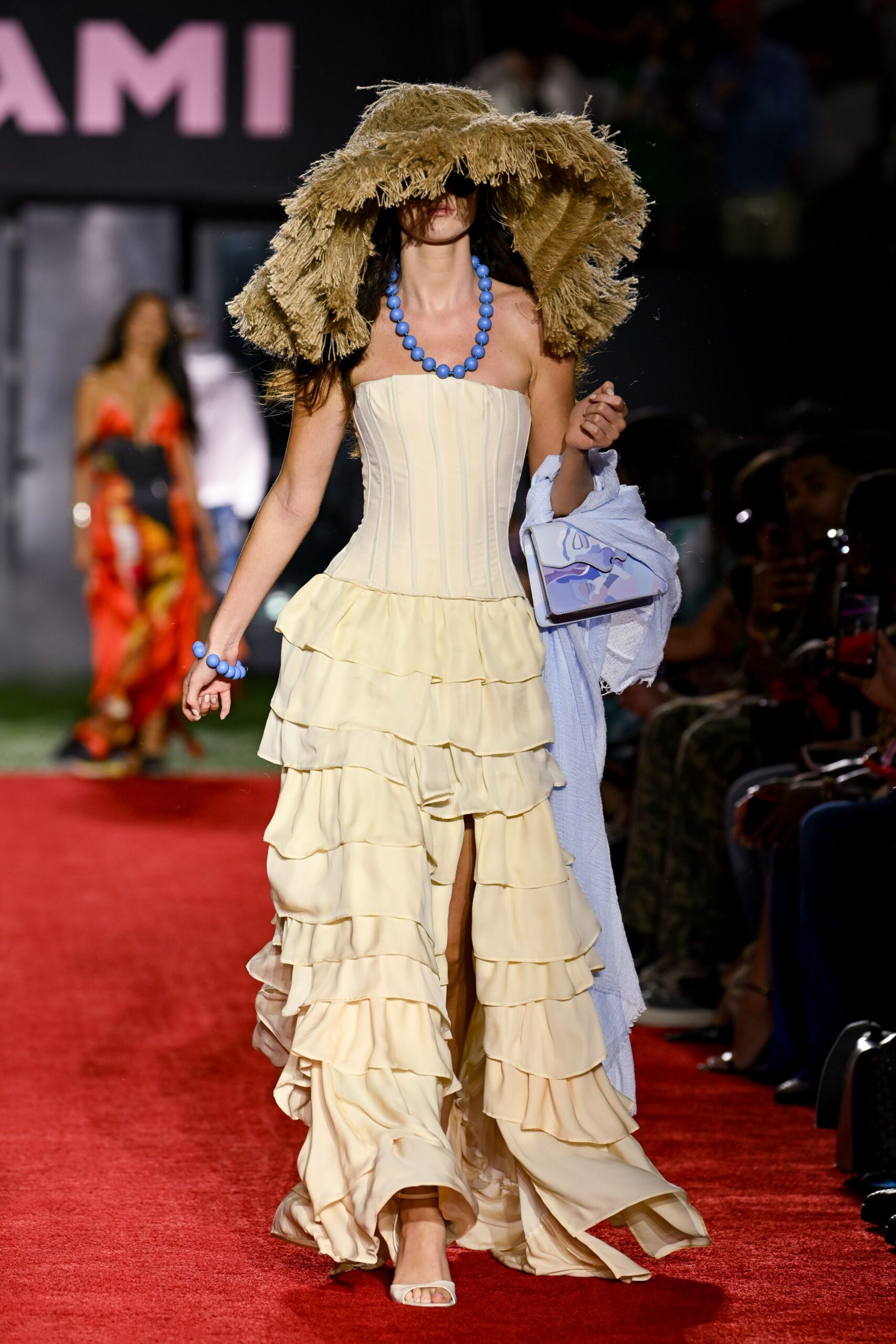 yellow tiered gown with hat