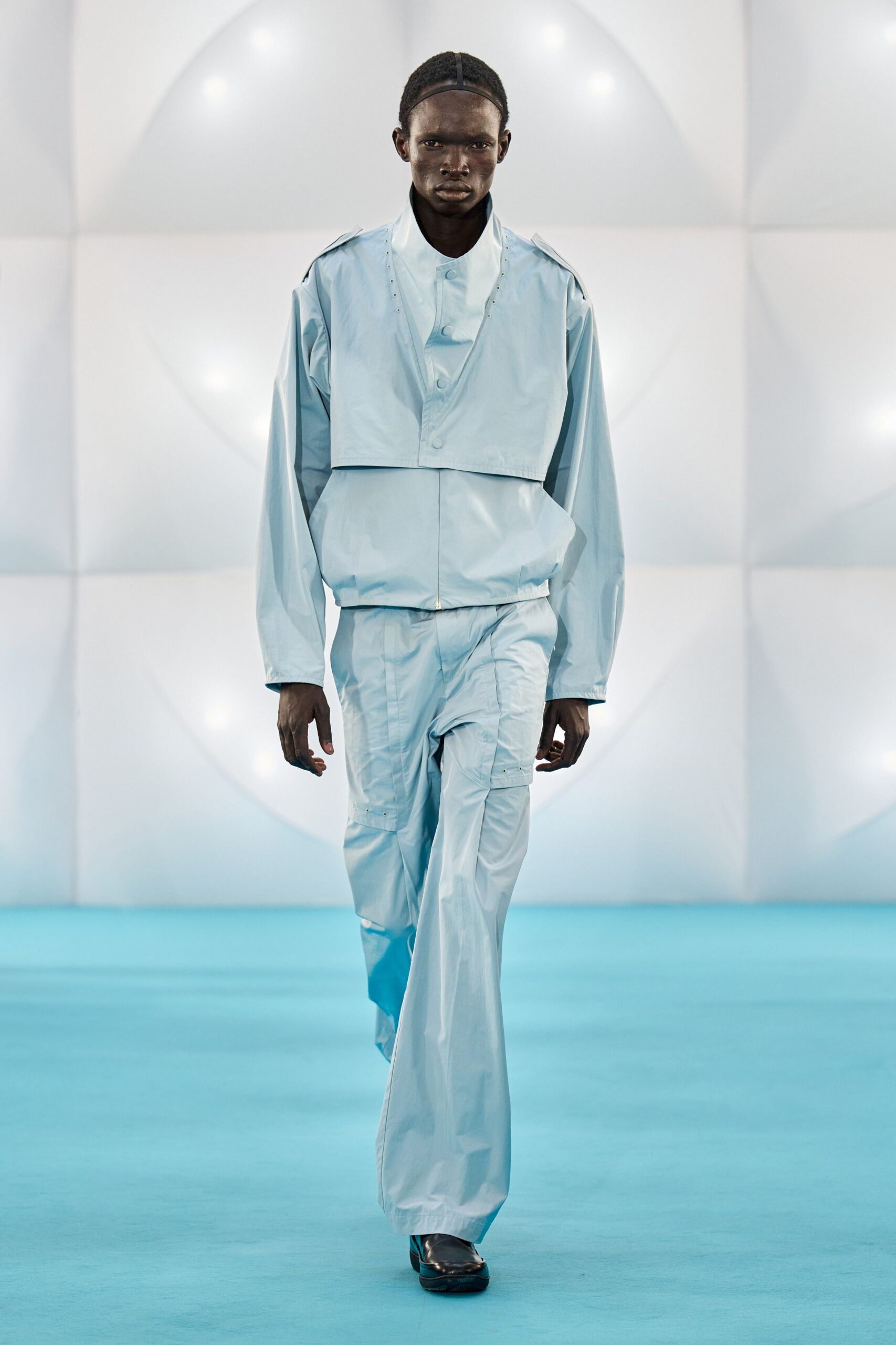 blue vinyl relaxed straight-leg pants