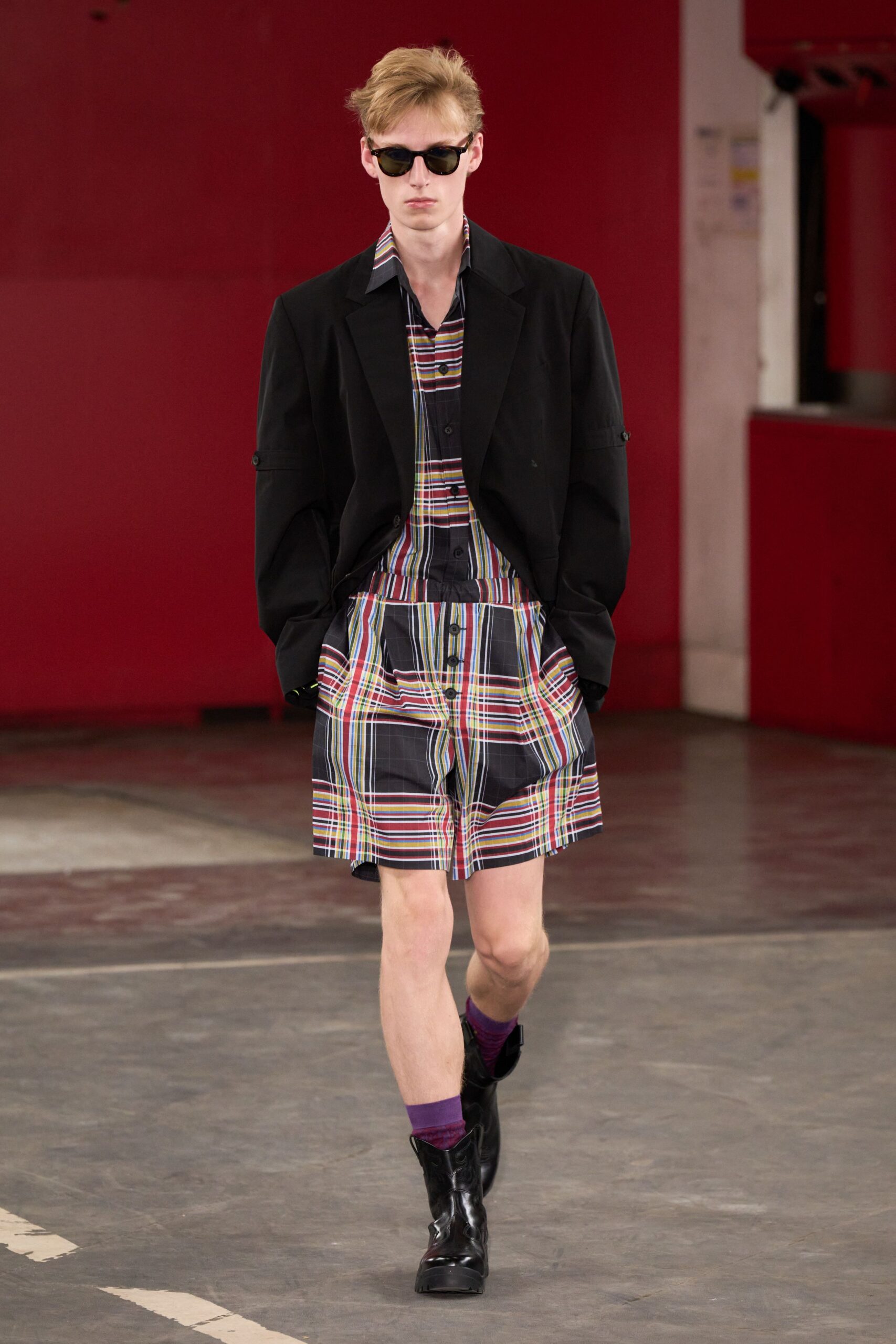 black blazer with checked shirt-dress