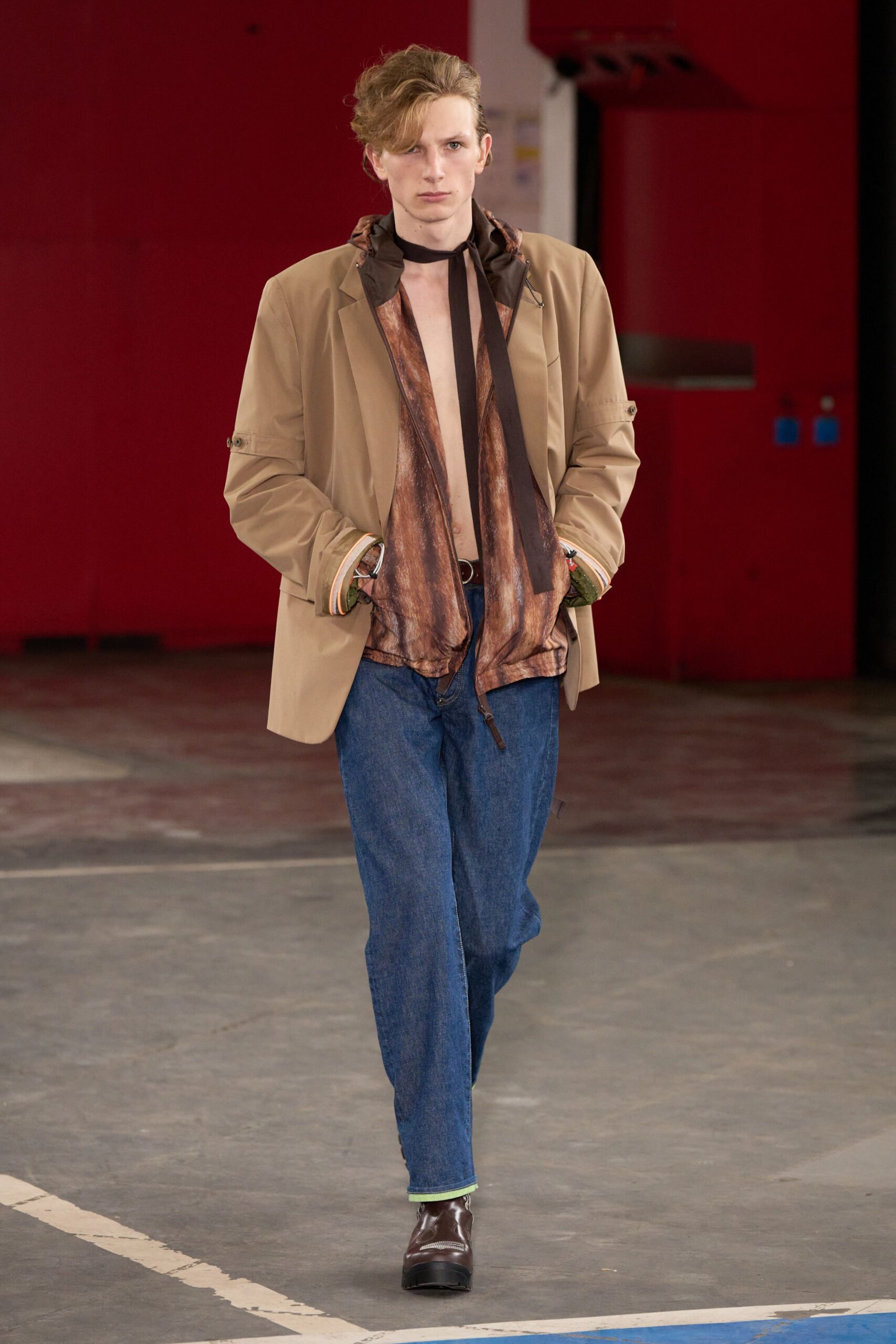 beige blazer with brown silk shirt