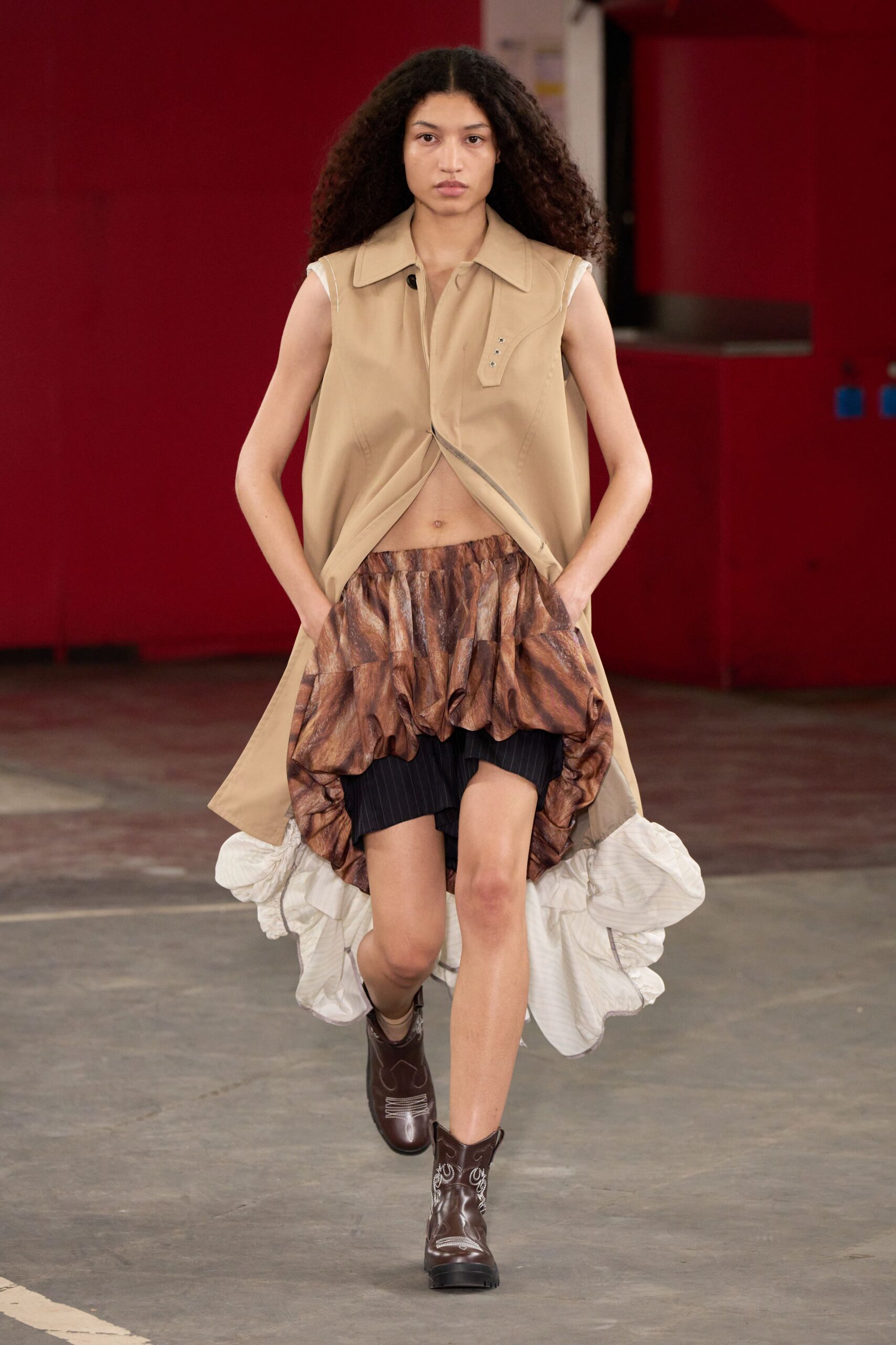 beige layered midi dress with brown boots
