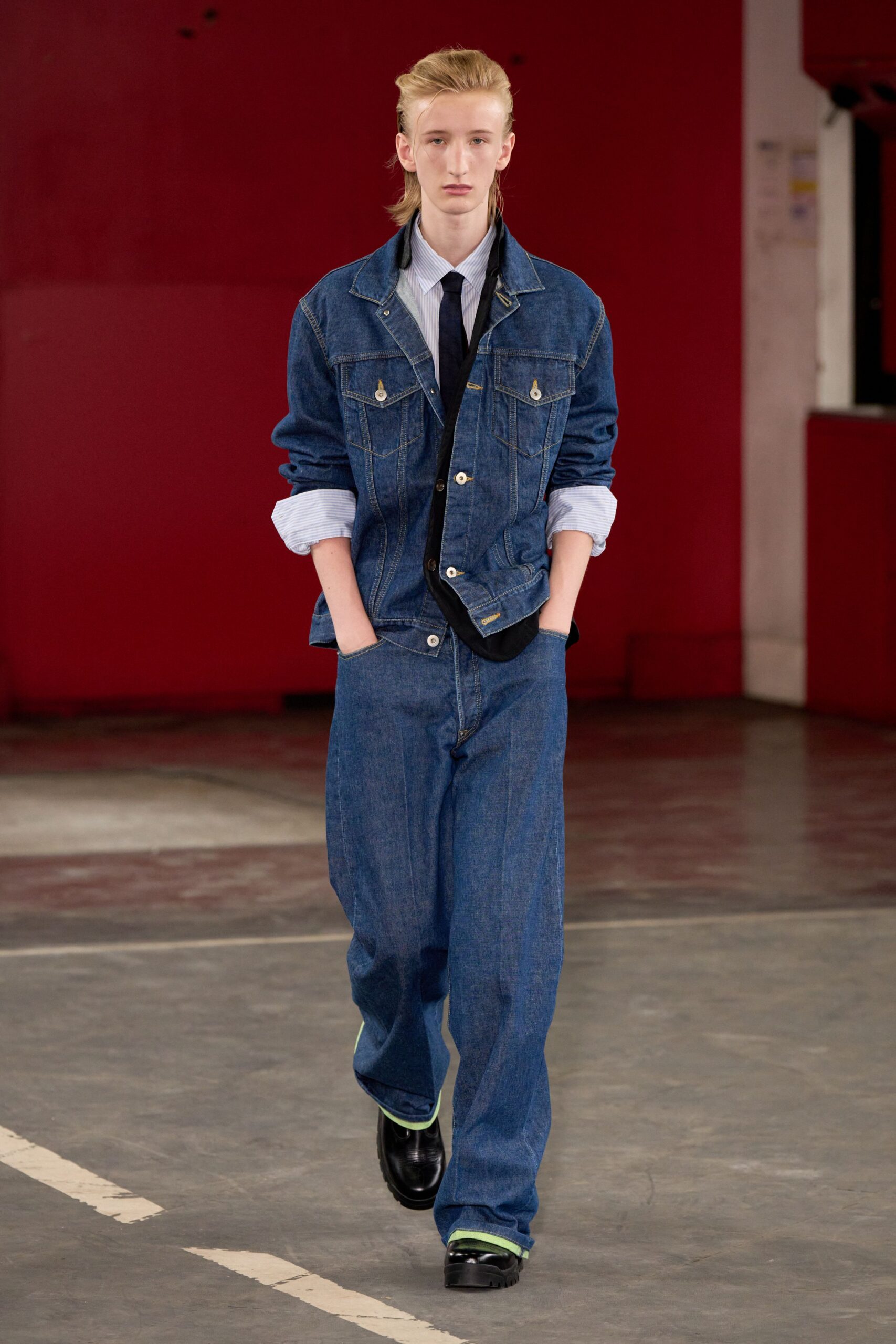 blue denim jacket with relaxed pants