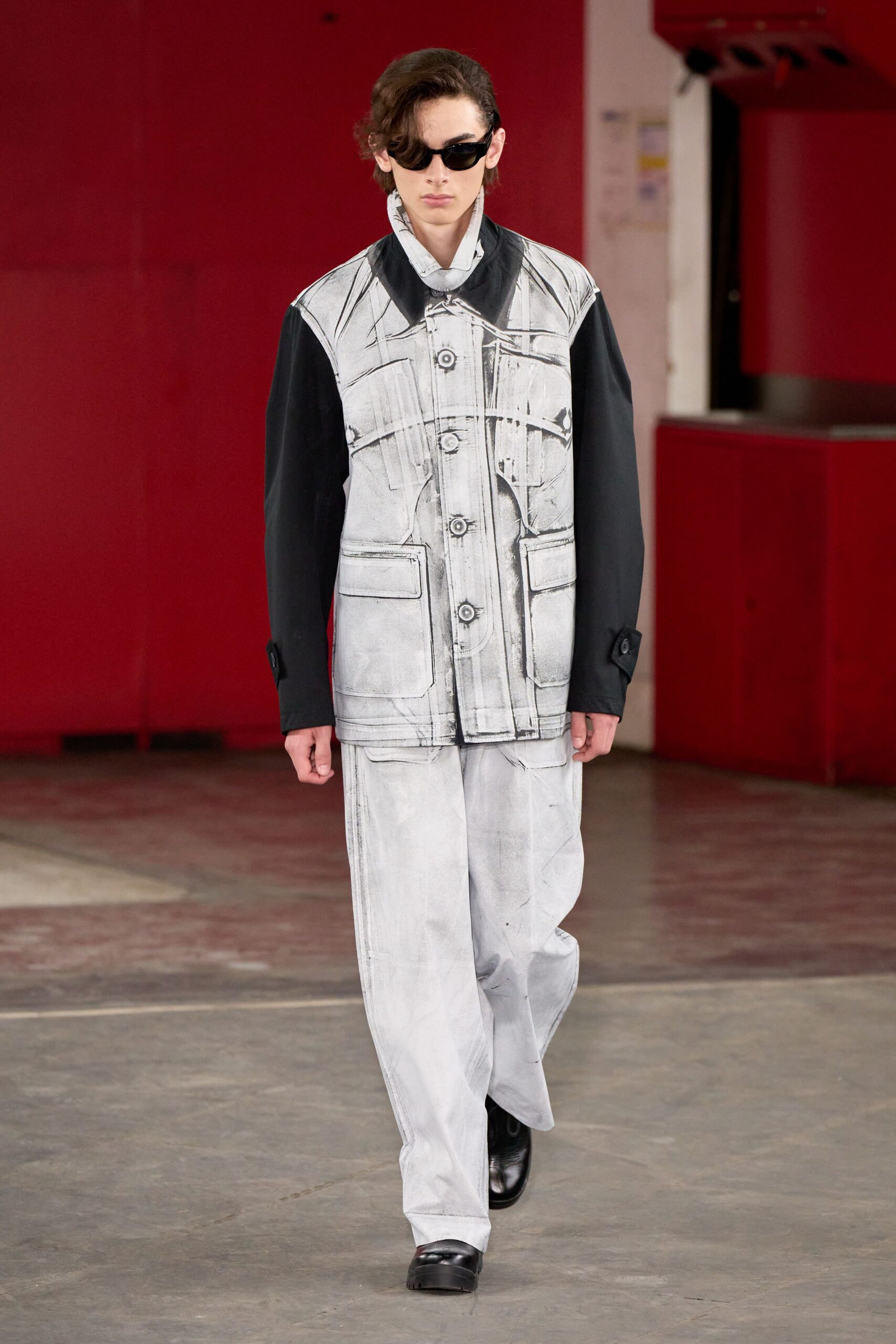 black and white denim jacket with relaxed pants