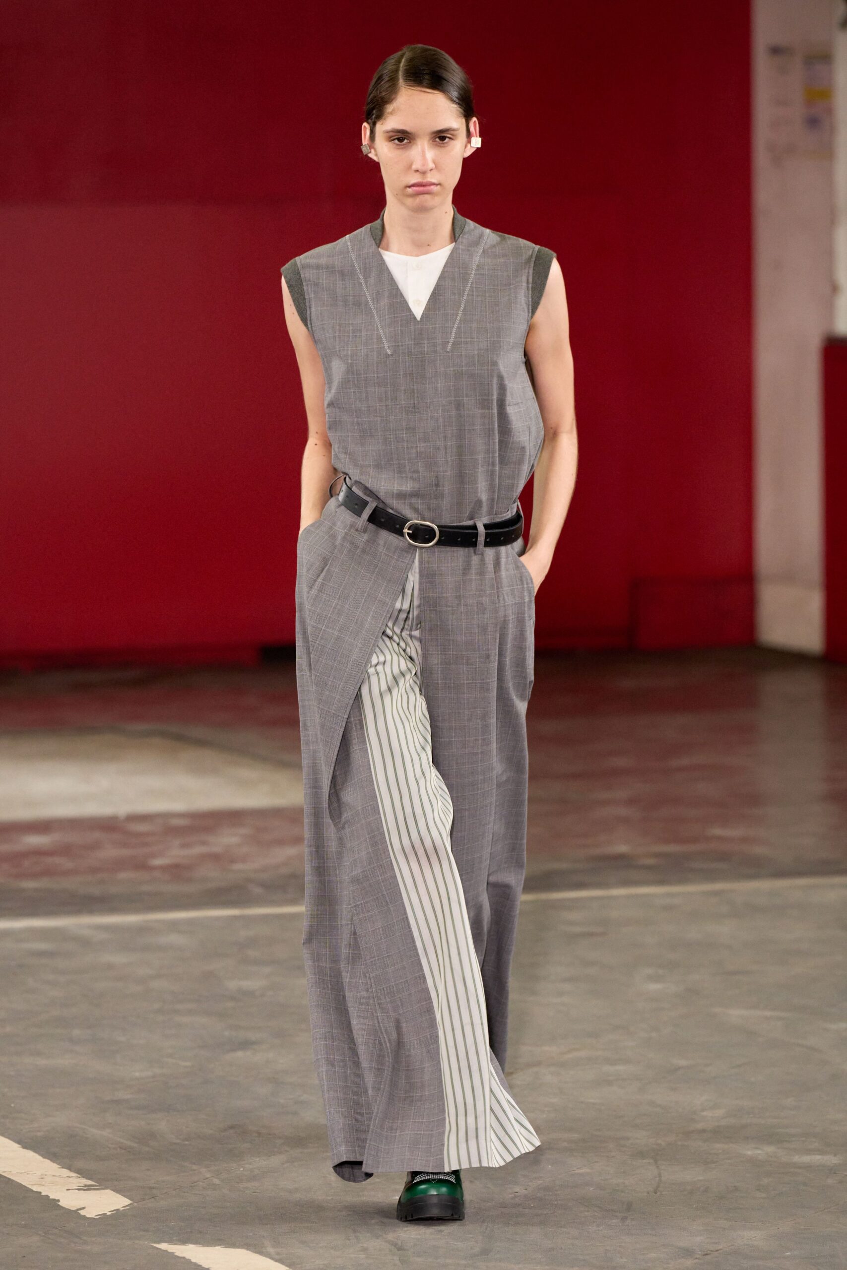 gray cotton sleeveless v-neck fitted buttoned jumpsuit