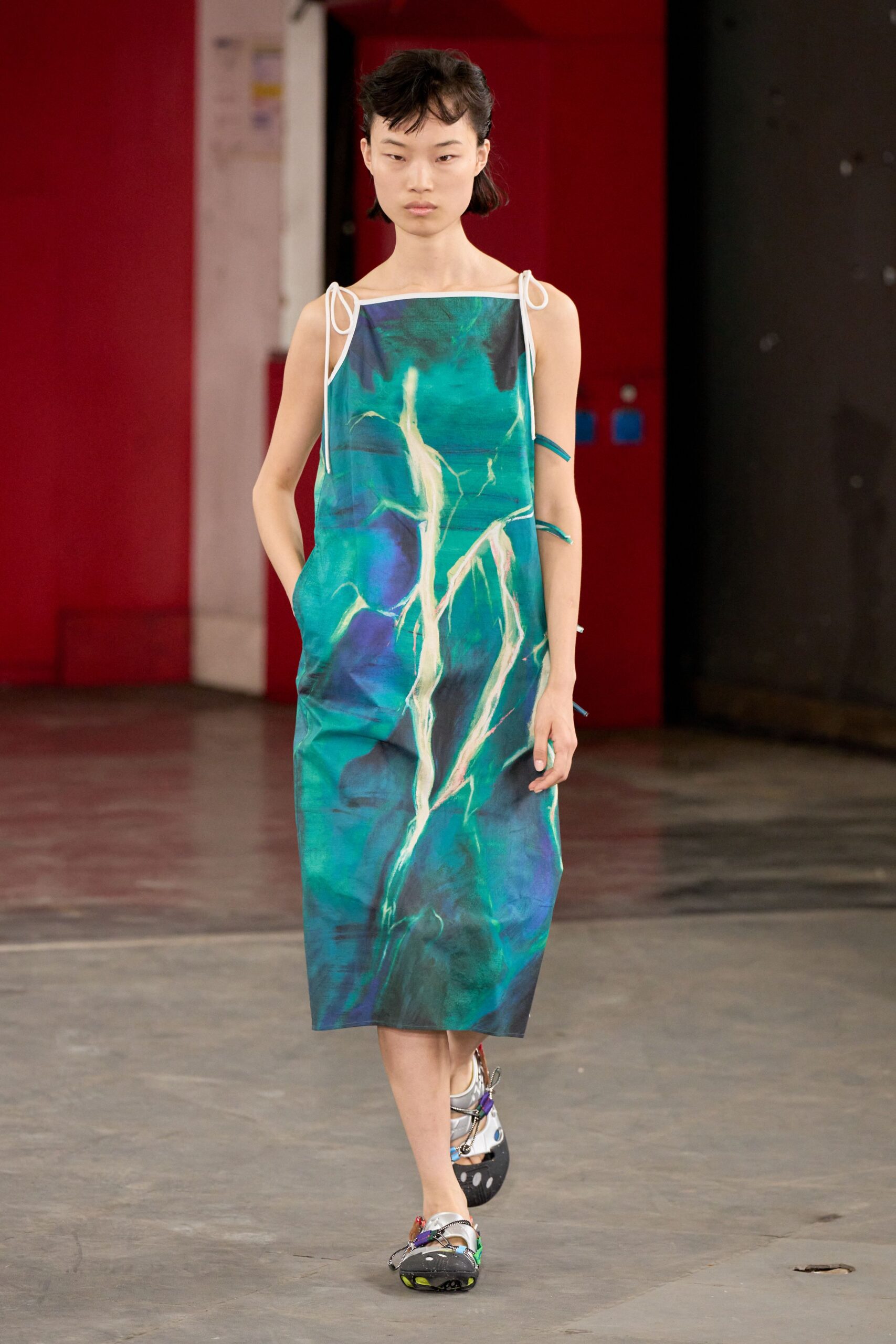 printed midi dress with multi shoes