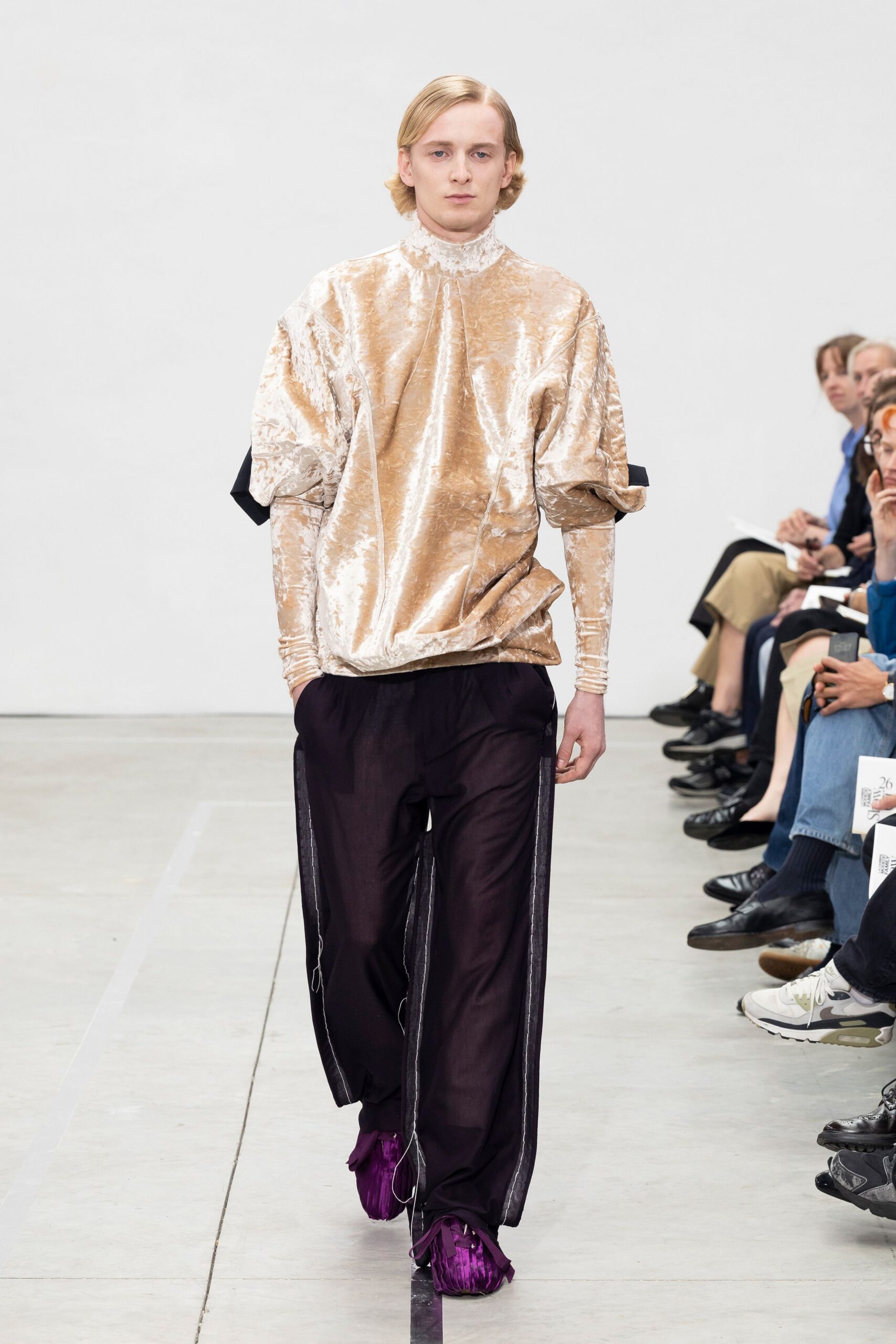 gold velvet long-sleeve high-neck relaxed pleated shiny top