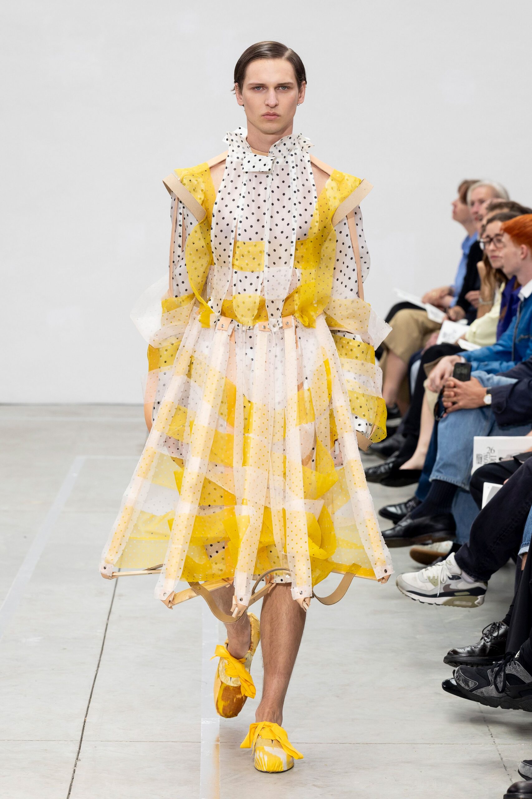 yellow chiffon sleeveless high-neck relaxed pleated layered dress