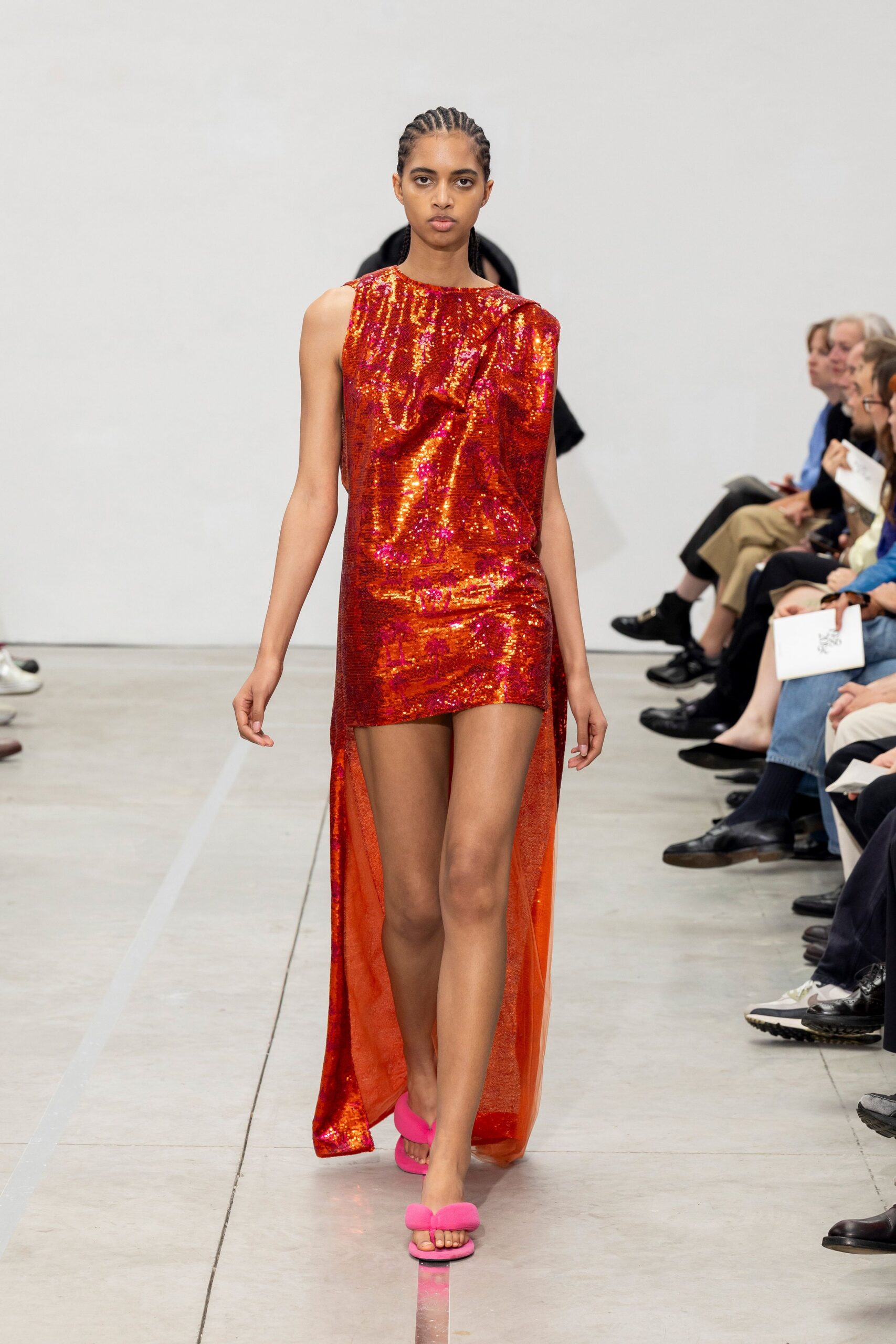 red sequin sleeveless asymmetric fitted draped shiny dress