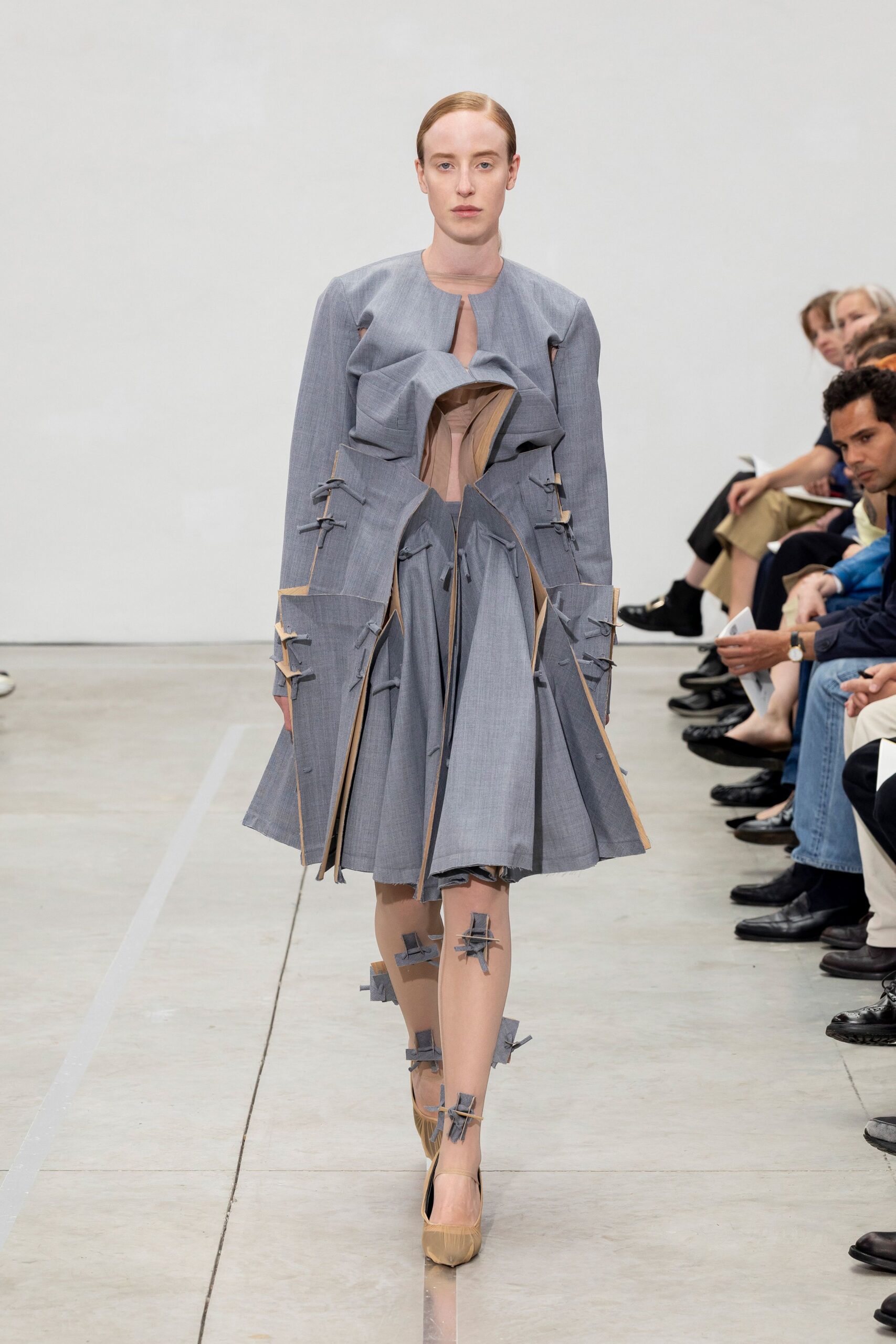 gray cotton long-sleeve v-neck fitted pleated draped dress