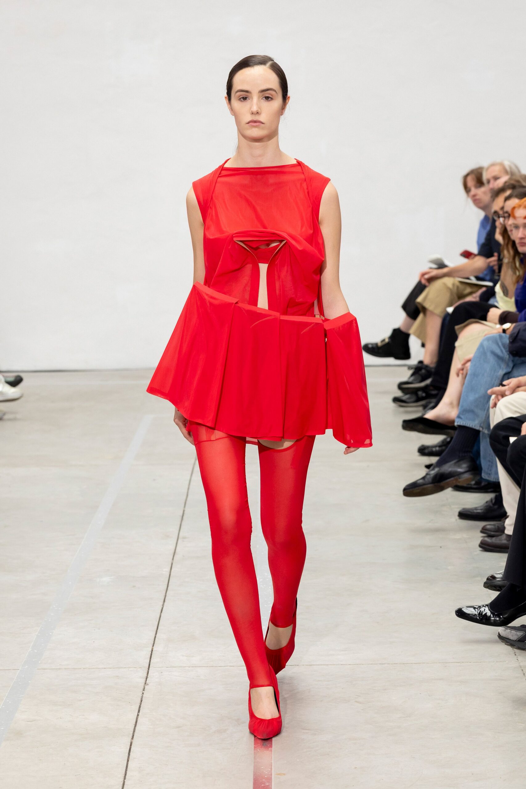 red silk sleeveless v-neck fitted pleated top