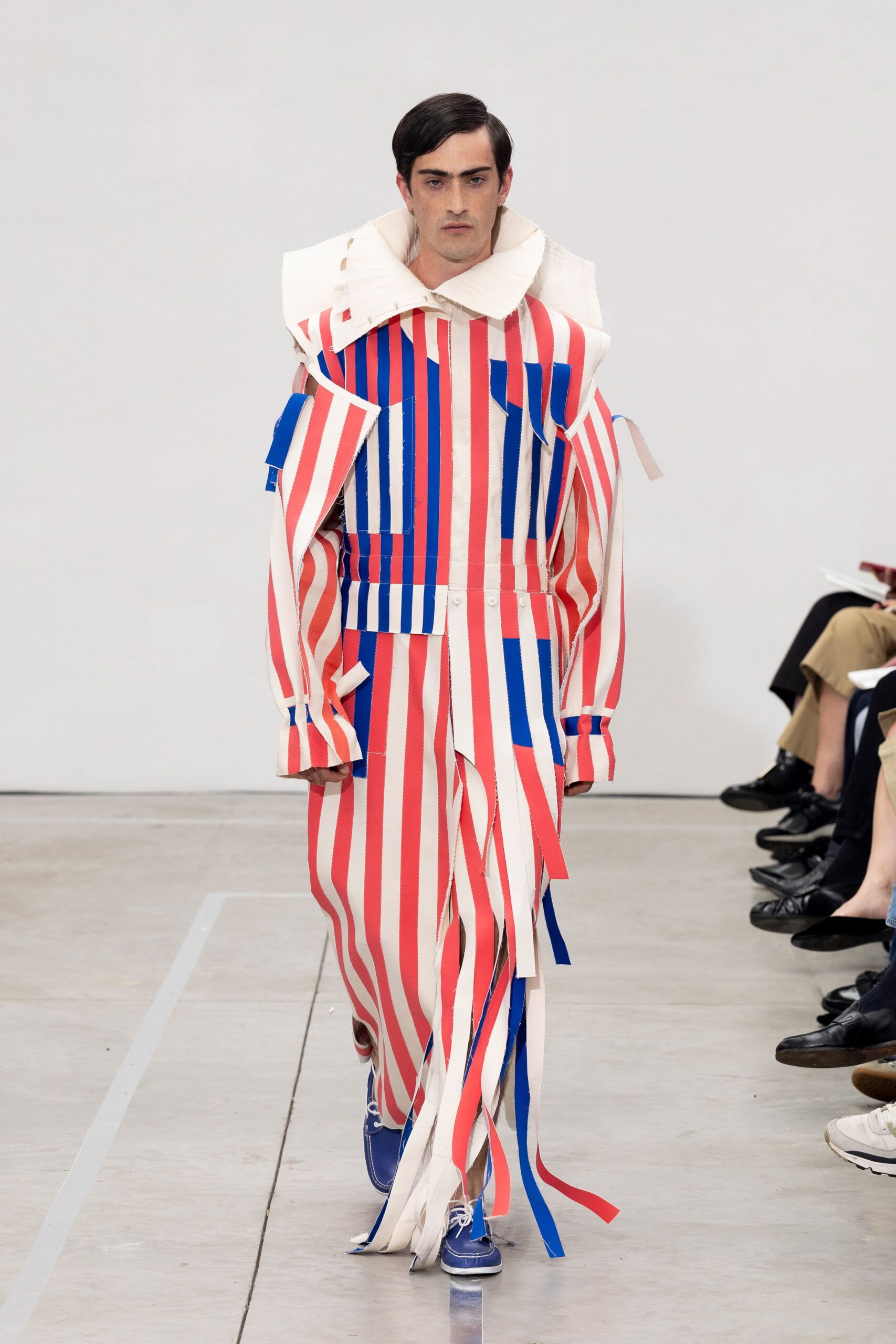 red cotton long-sleeve collared fitted striped fringed jumpsuit