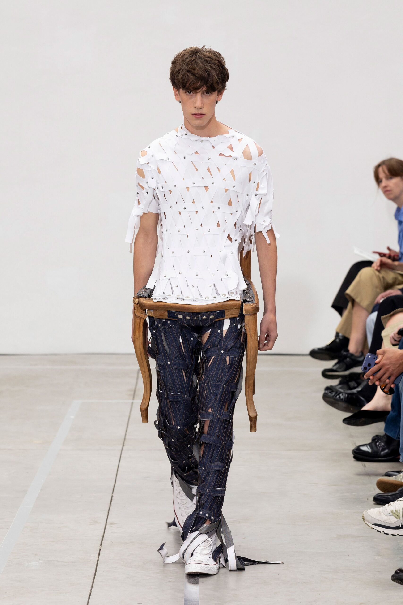 distressed white top with cargo pants