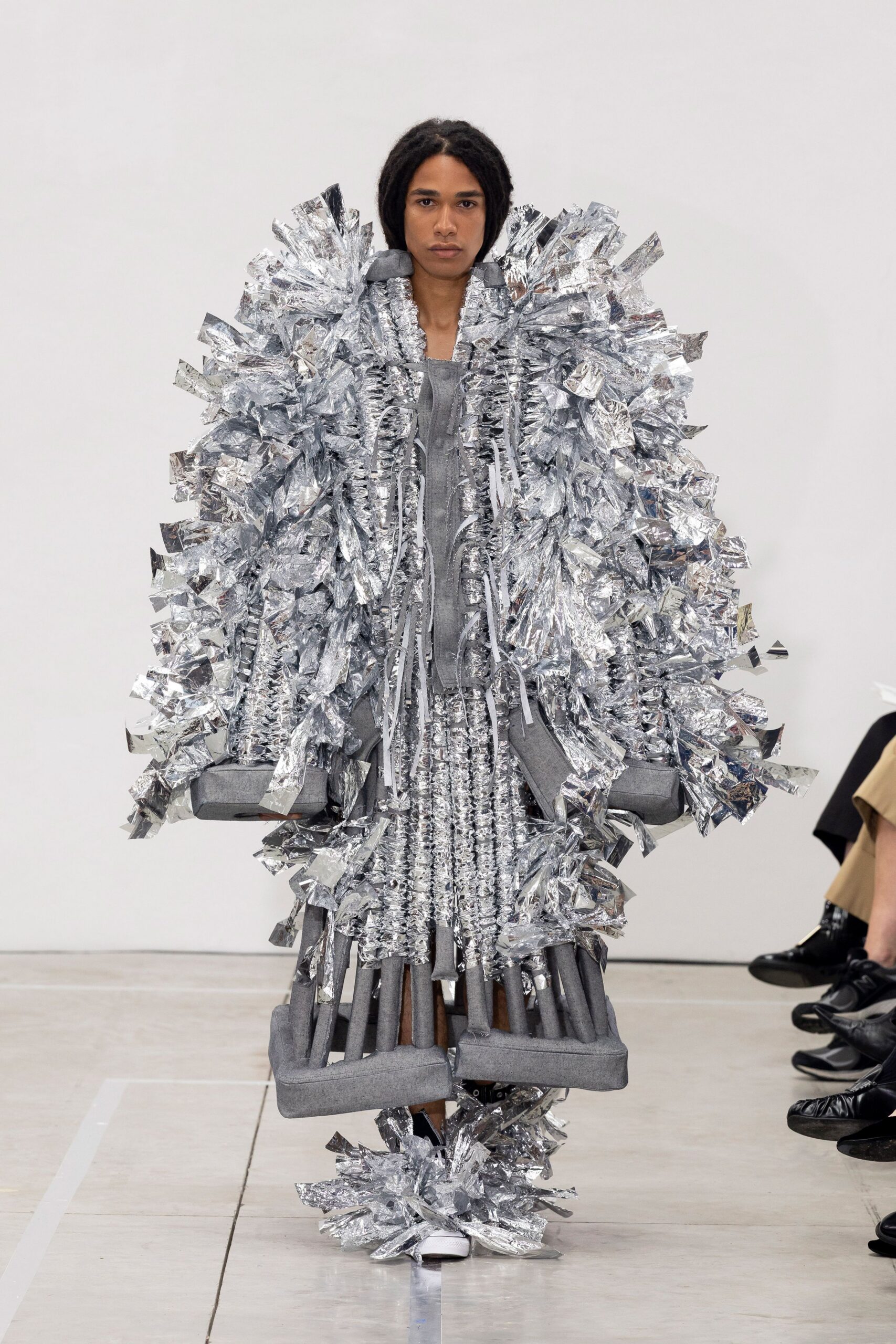 gray metallic long-sleeve v-neck fitted pleated fringed dress