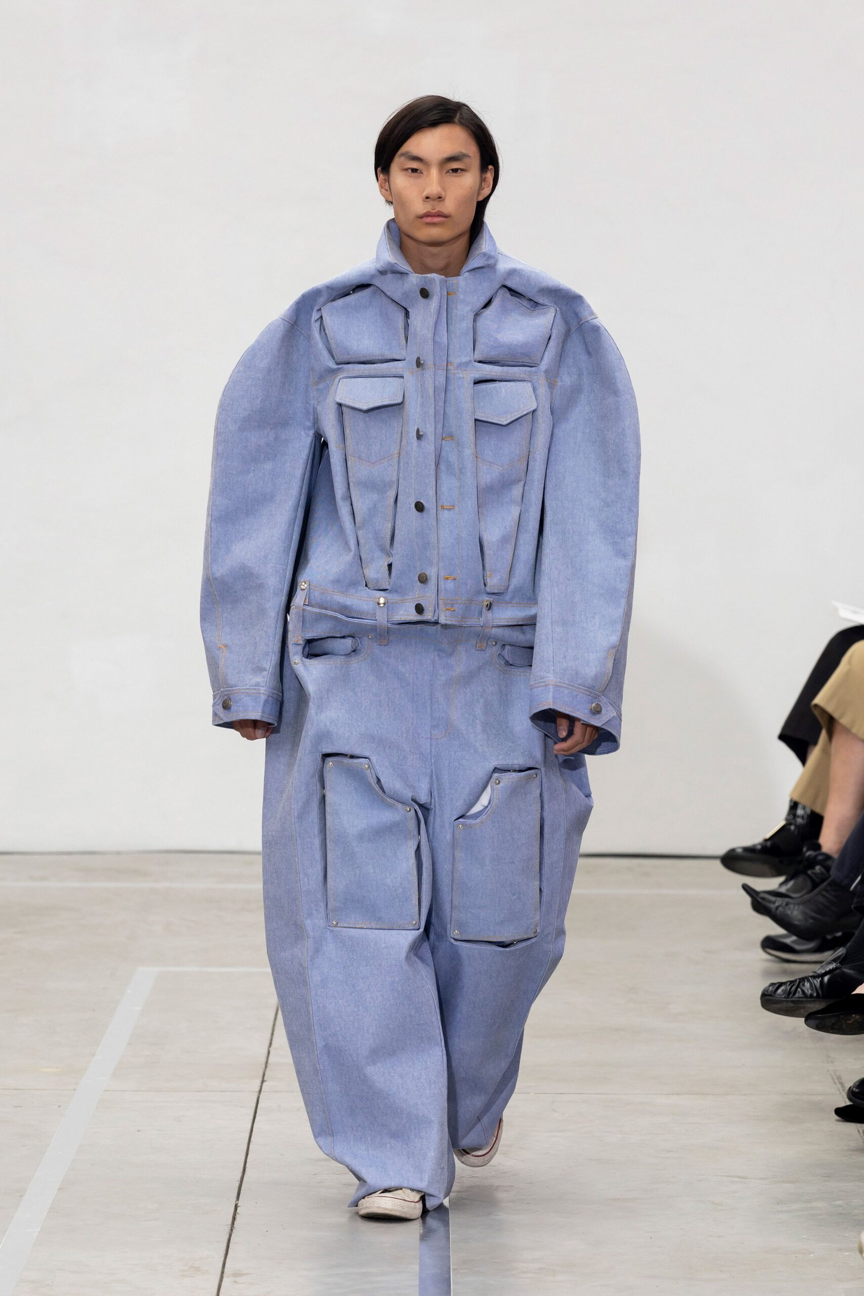 blue denim long-sleeve collared oversized buttoned pockets jacket