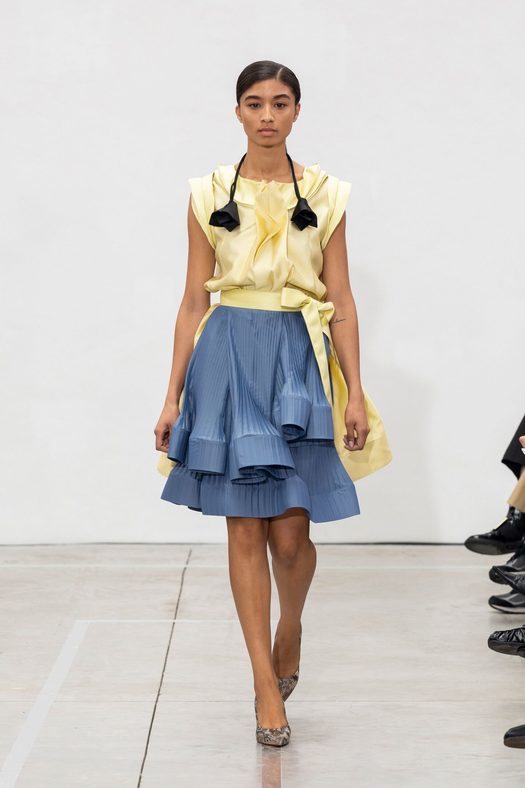 blue cotton fitted pleated tiered skirt