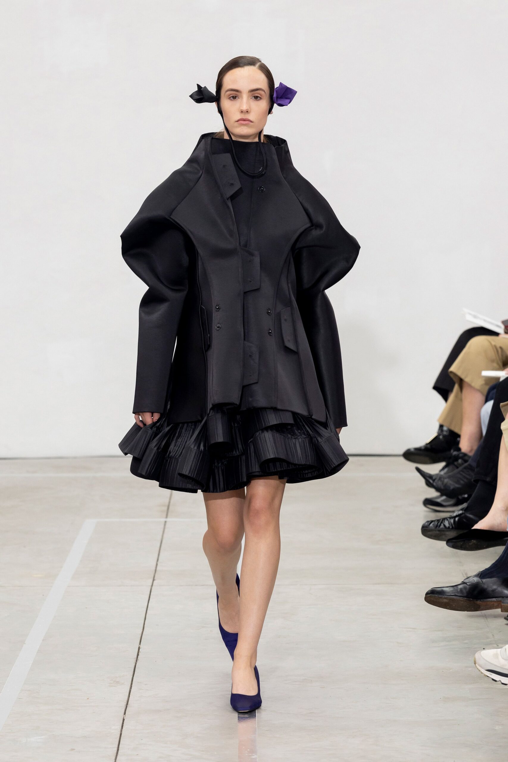 black silk fitted pleated tiered mini skirt