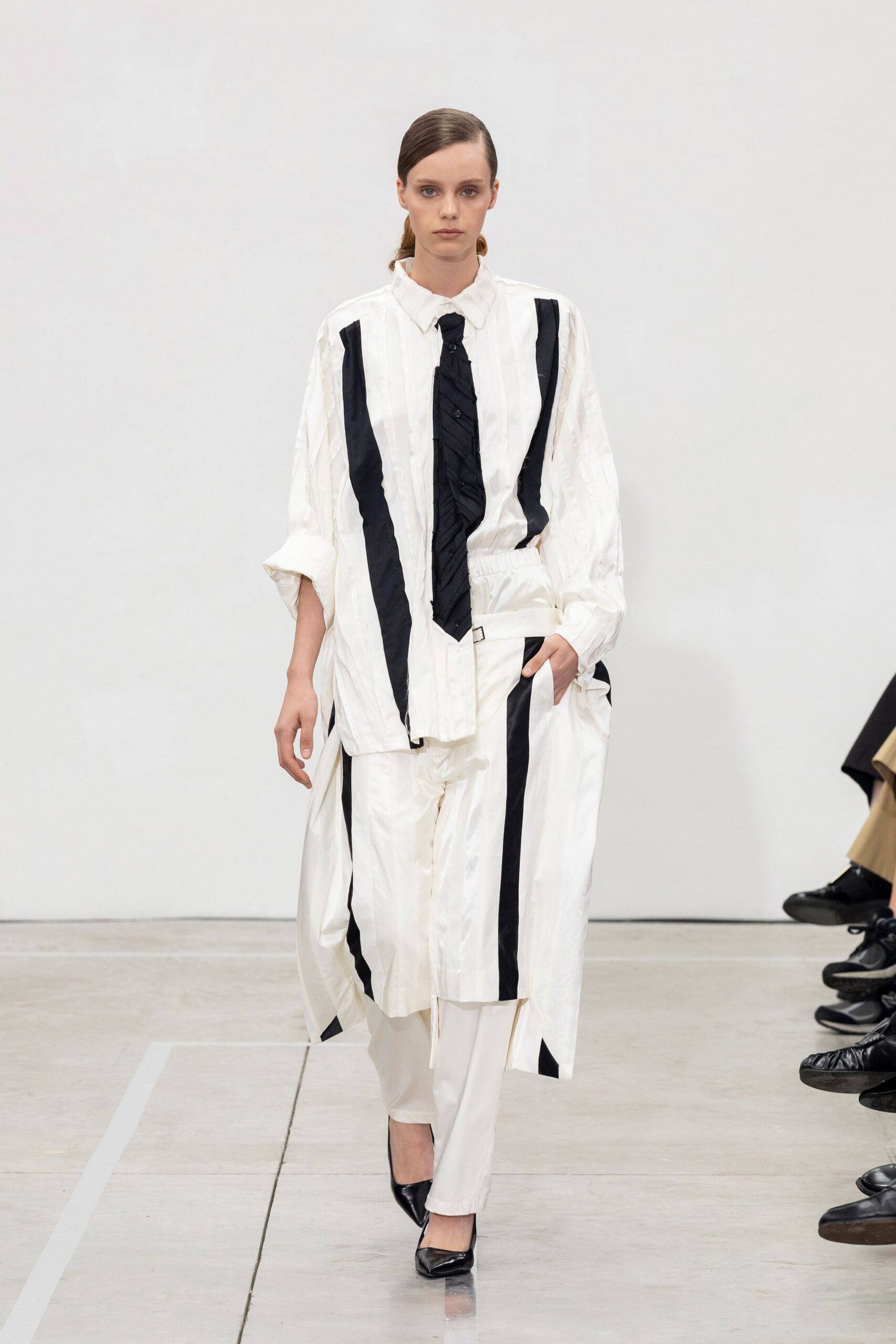 white silk long-sleeve collared relaxed striped buttoned shirt