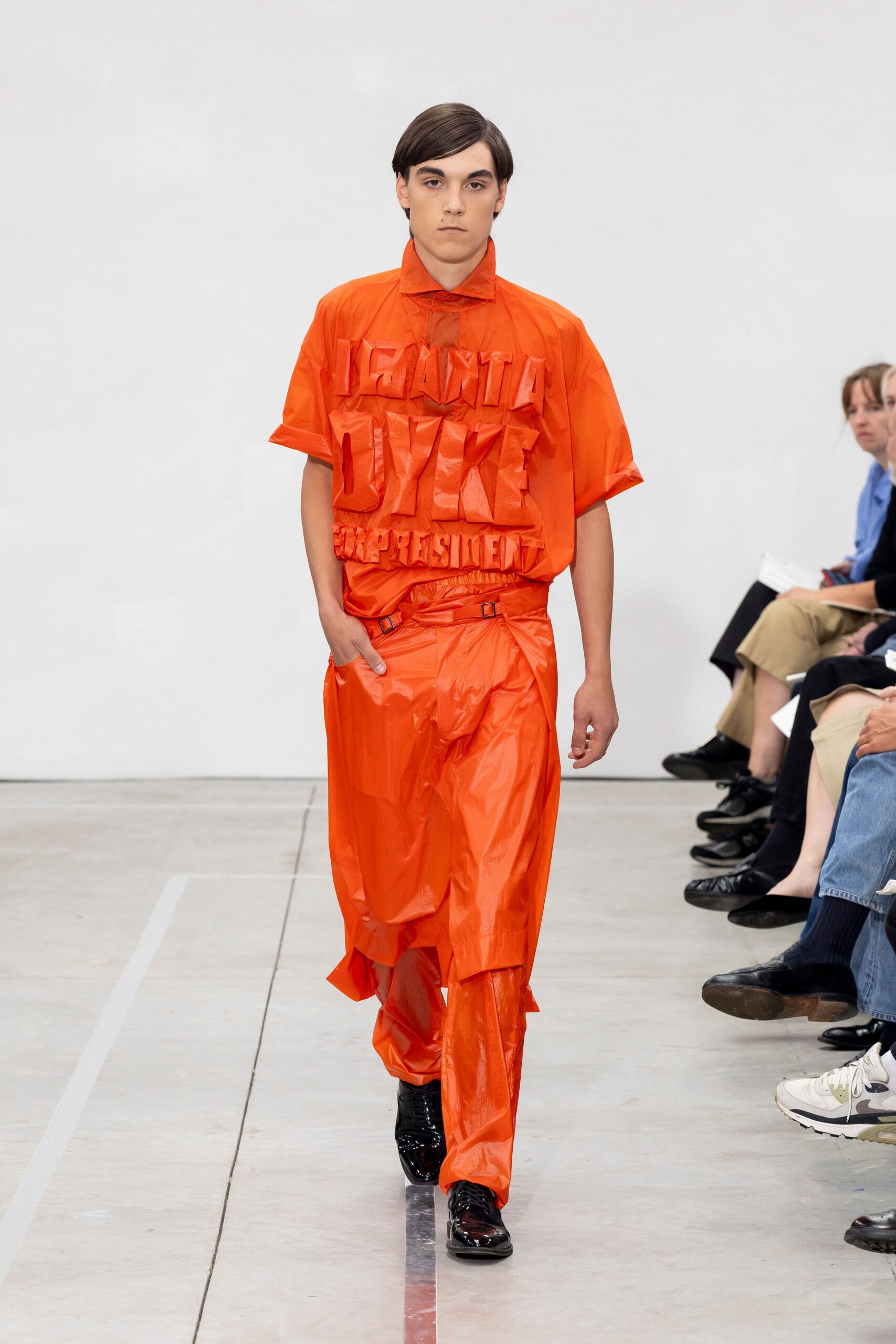 orange vinyl short-sleeve collared relaxed printed shiny shirt