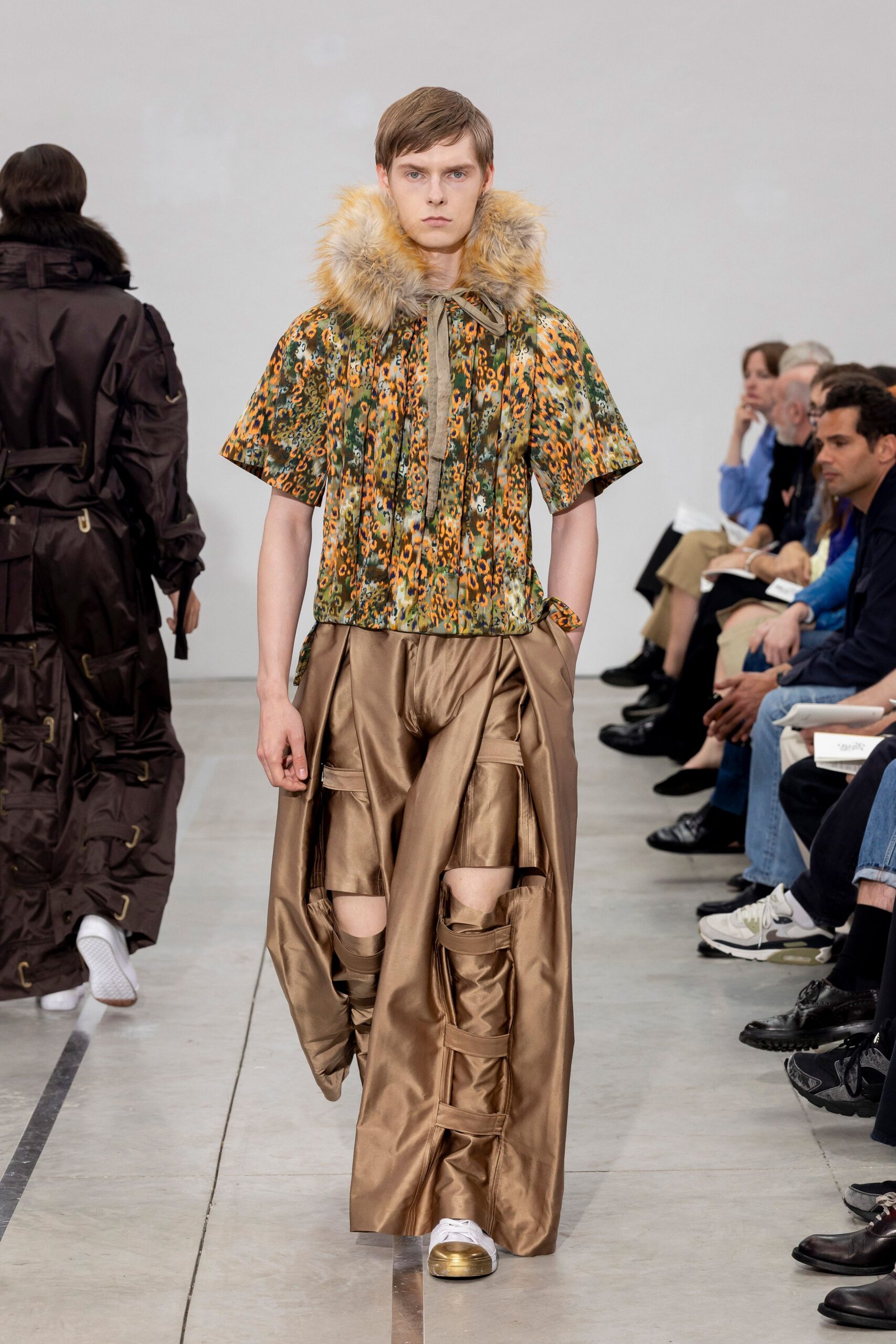 brown silk asymmetric fitted pleated pants