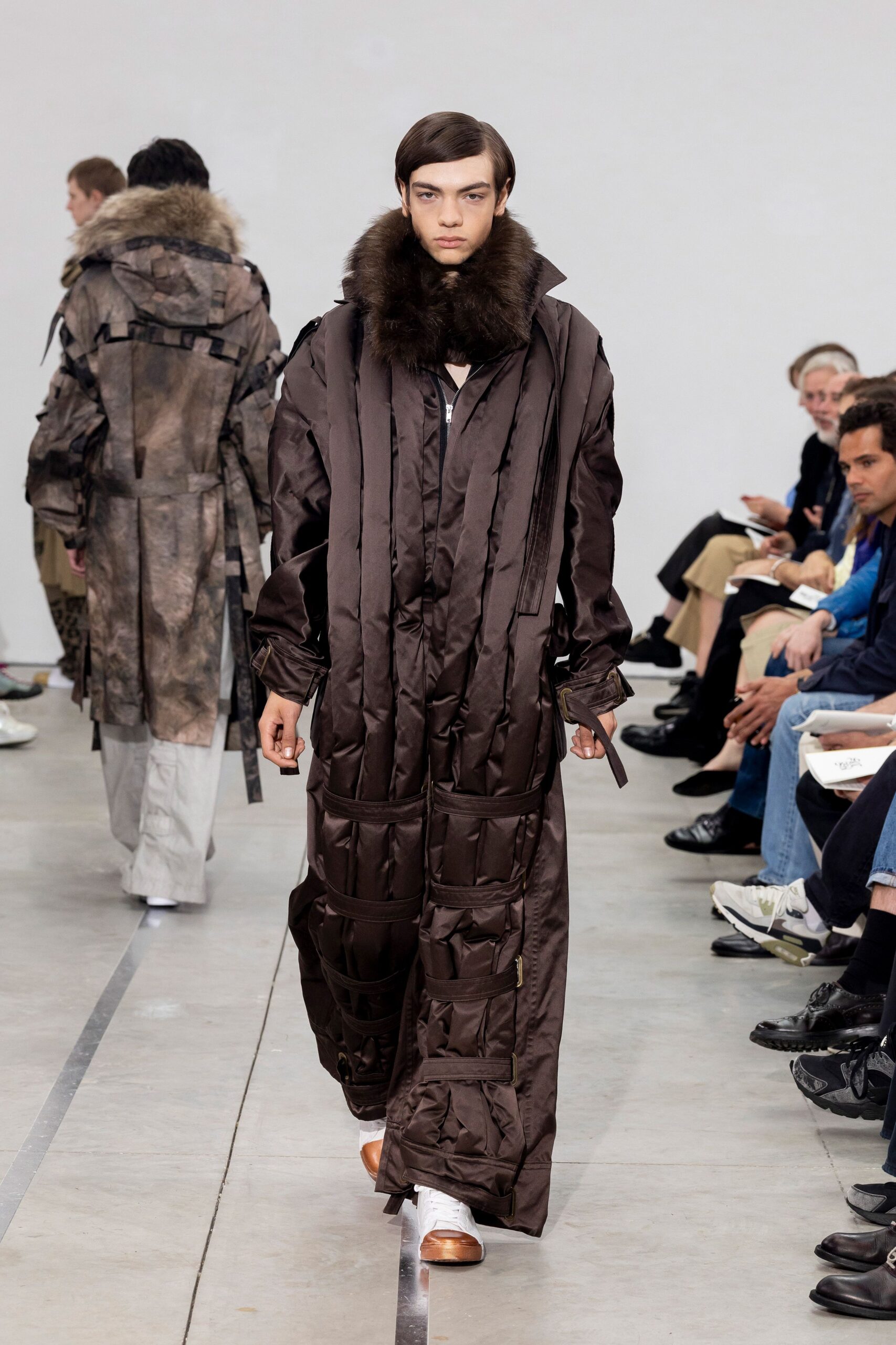 brown silk long-sleeve collared relaxed padded zippered coat