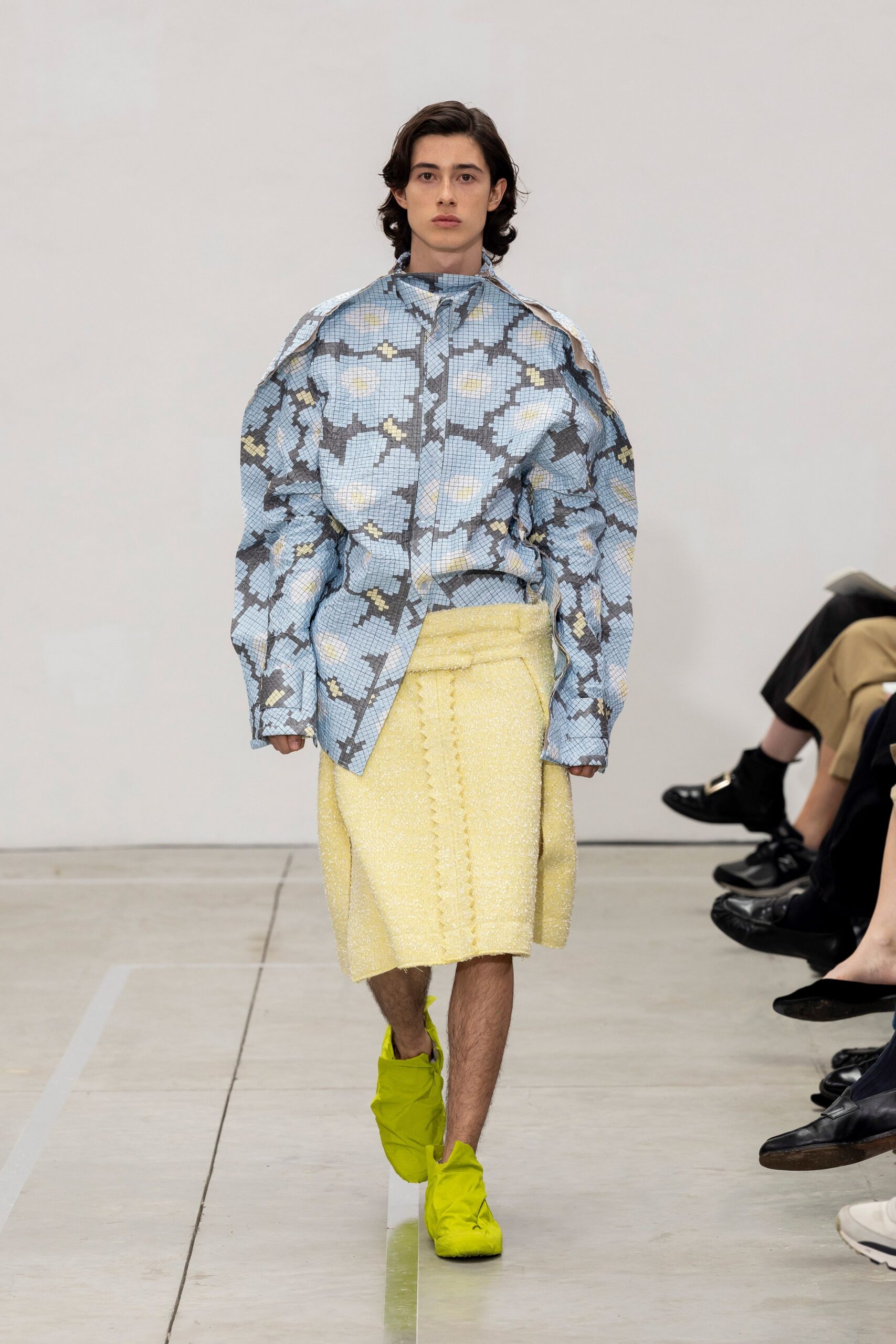 blue cotton long-sleeve collared oversized printed shirt