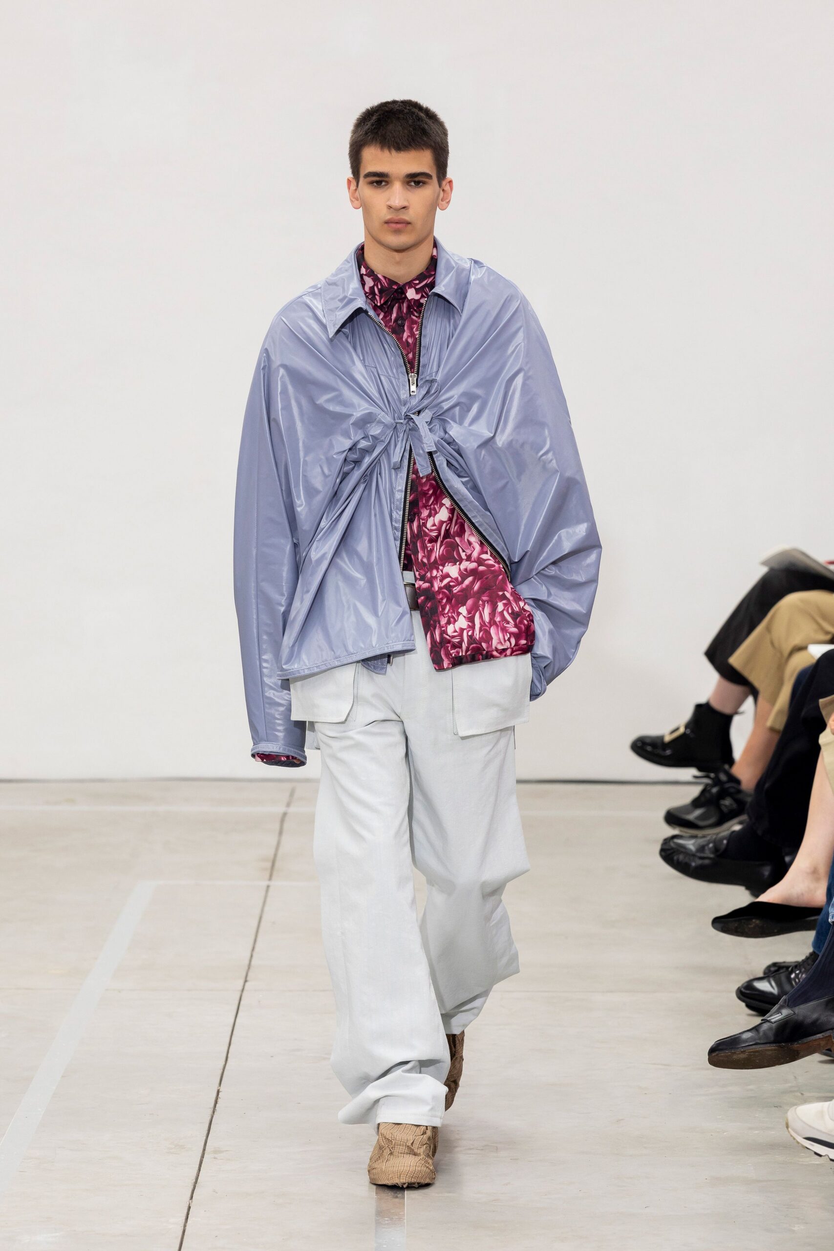 blue vinyl long-sleeve collared relaxed zippered shiny jacket